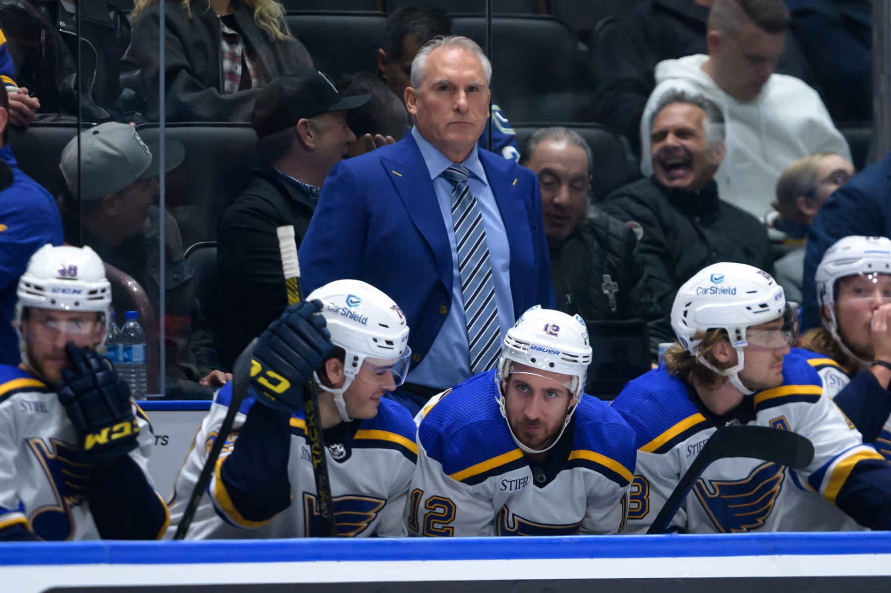 VANCOUVER, CANADA - OCTOBER 27: St. Louis Blues head coach Craig Berube looks on during the first period of their NHL game against the Vancouver Canucks at Rogers Arena on October 27, 2023 in Vancouver, British Columbia, Canada. (Photo by Derek Cain/Getty Images)