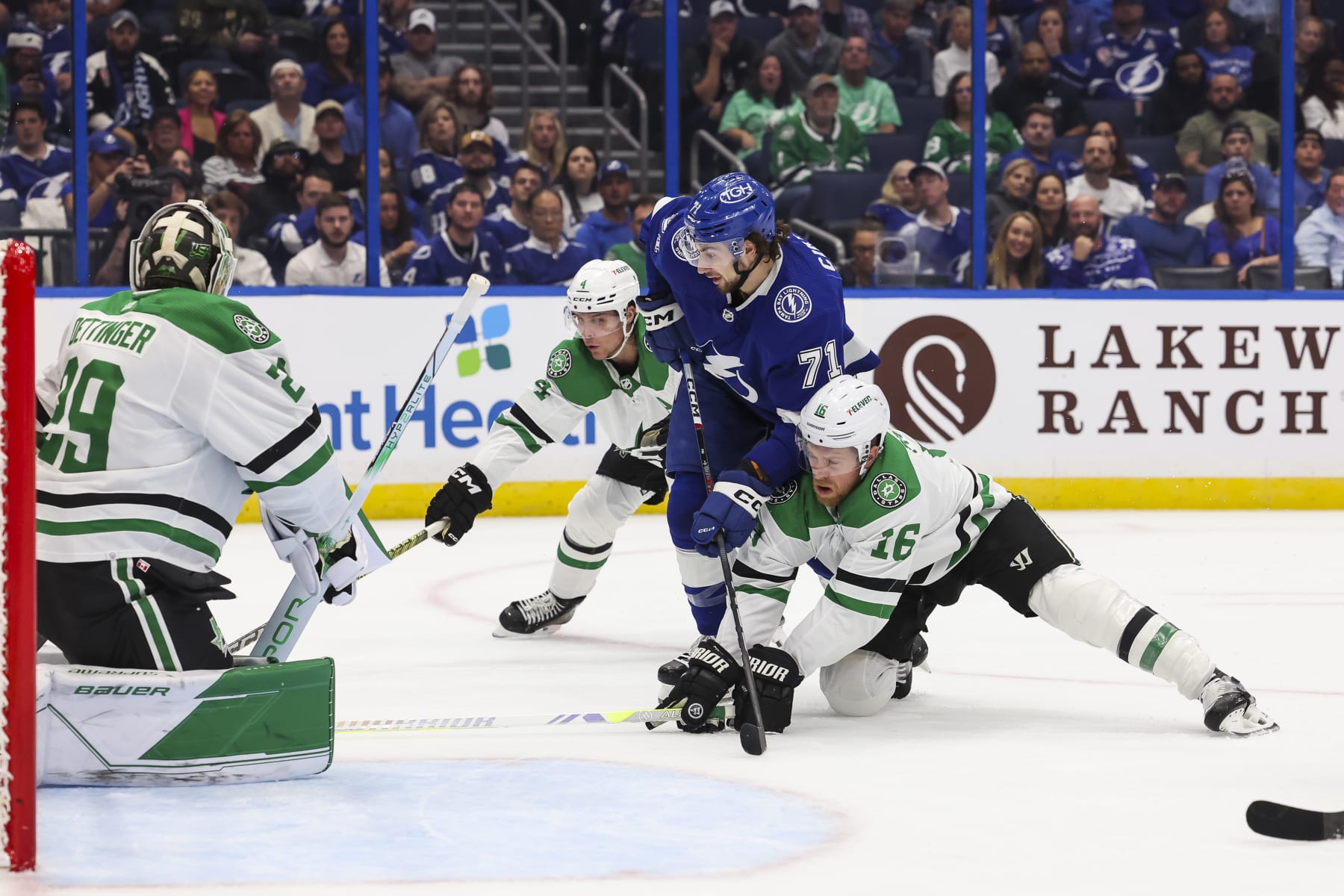 TAMPA, FL - DECEMBER 4: Anthony Cirelli #71  of the Tampa Bay Lightning against Joe Pavelski #16 of the Dallas Stars during the first period at Amalie Arena on December 4, 2023 in Tampa, Florida. (Photo by Mark LoMoglio/NHLI via Getty Images)