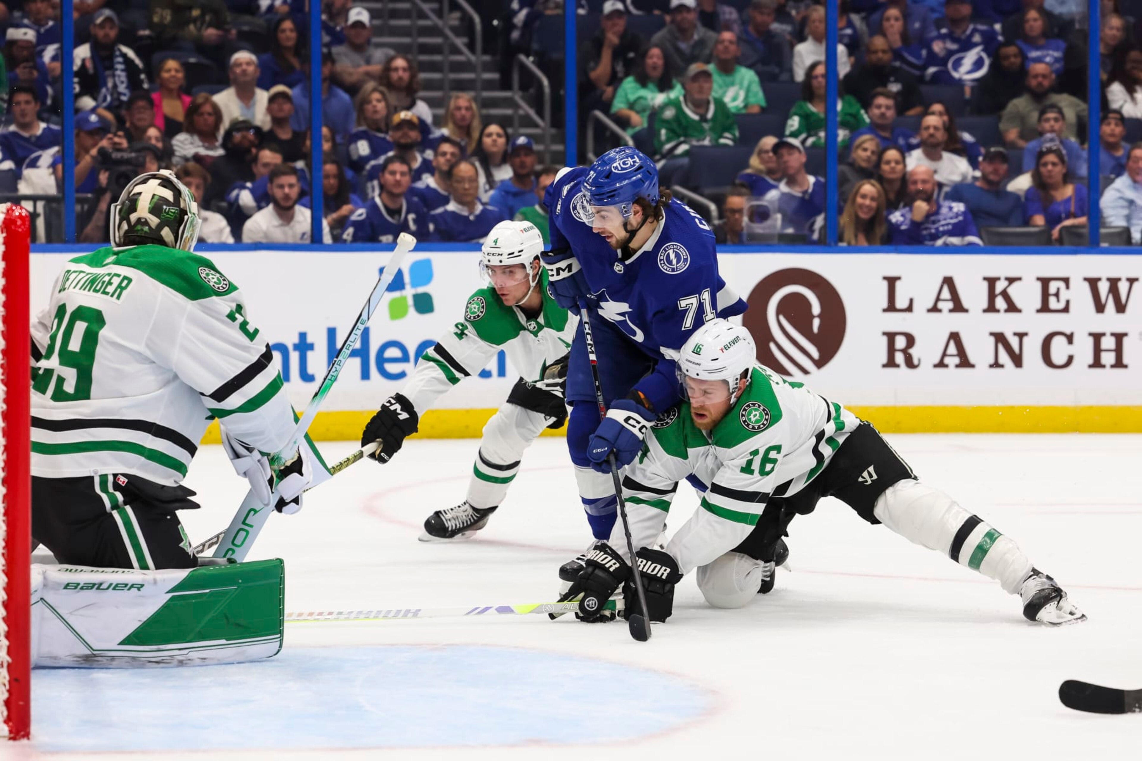 TAMPA, FL - DECEMBER 4: Anthony Cirelli #71 of the Tampa Bay Lightning against Joe Pavelski #16 of the Dallas Stars during the first period at Amalie Arena on December 4, 2023 in Tampa, Florida. (Photo by Mark LoMoglio/NHLI via Getty Images) TAMPA, FL - DECEMBER 4: Anthony Cirelli #71 of the Tampa Bay Lightning against Joe Pavelski #16 of the Dallas Stars during the first period at Amalie Arena on December 4, 2023 in Tampa, Florida. (Photo by Mark LoMoglio/NHLI via Getty Images)