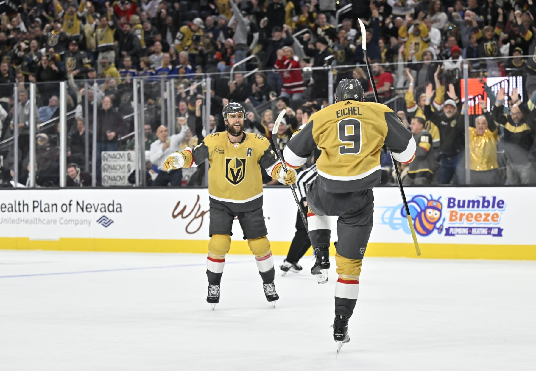 LAS VEGAS, NEVADA - DECEMBER 04: Jack Eichel #9 of the Vegas Golden Knights celebrates after a goal during the third period against the St. Louis Blues at T-Mobile Arena on December 04, 2023 in Las Vegas, Nevada. (Photo by David Becker/NHLI via Getty Images)