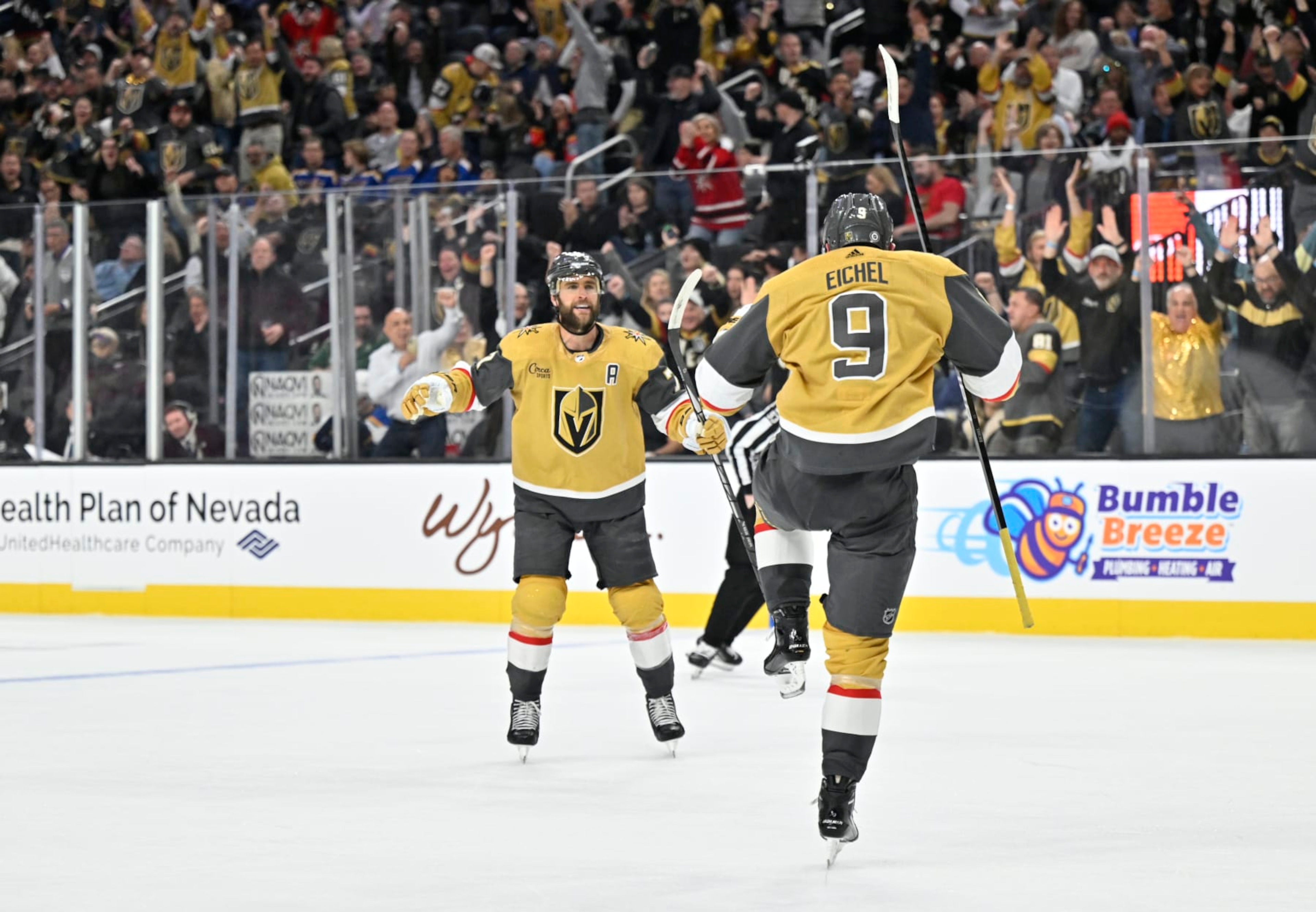 LAS VEGAS, NEVADA - DECEMBER 04: Jack Eichel #9 of the Vegas Golden Knights celebrates after a goal during the third period against the St. Louis Blues at T-Mobile Arena on December 04, 2023 in Las Vegas, Nevada. (Photo by David Becker/NHLI via Getty Images) LAS VEGAS, NEVADA - DECEMBER 04: Jack Eichel #9 of the Vegas Golden Knights celebrates after a goal during the third period against the St. Louis Blues at T-Mobile Arena on December 04, 2023 in Las Vegas, Nevada. (Photo by David Becker/NHLI via Getty Images)