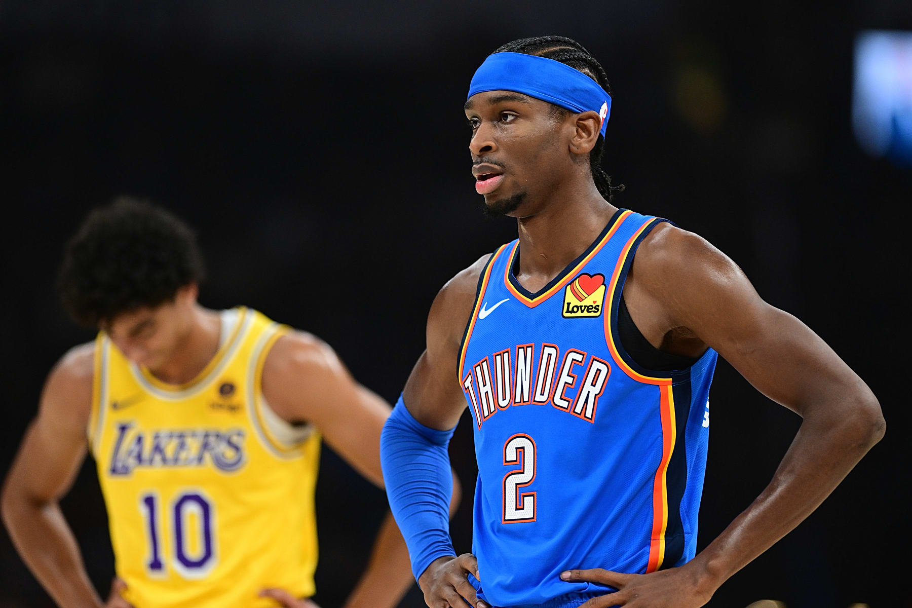 OKLAHOMA CITY, OKLAHOMA - NOVEMBER 30: Shai Gilgeous-Alexander #2 of the Oklahoma City Thunder during the first half against the Los Angeles Lakers at Paycom Center on November 30, 2023 in Oklahoma City, Oklahoma. NOTE TO USER: User expressly acknowledges and agrees that, by downloading and or using this Photograph, user is consenting to the terms and conditions of the Getty Images License Agreement. (Photo by Joshua Gateley/Getty Images)