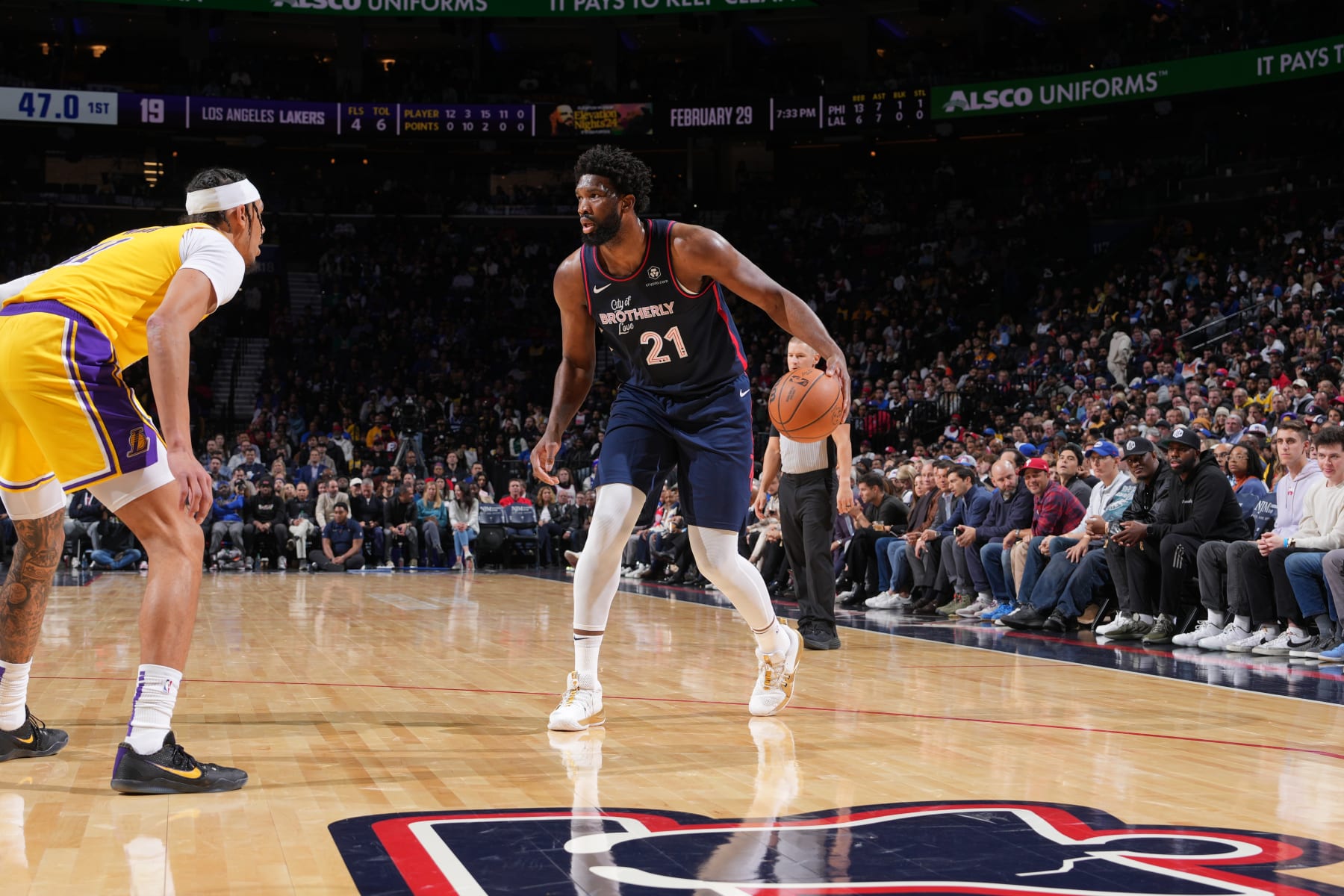 PHILADELPHIA, PA - NOVEMBER 27: Joel Embiid #21 of the Philadelphia 76ers dribbles the ball during the game against the Los Angeles Lakers on November 27, 2023 at the Wells Fargo Center in Philadelphia, Pennsylvania NOTE TO USER: User expressly acknowledges and agrees that, by downloading and/or using this Photograph, user is consenting to the terms and conditions of the Getty Images License Agreement. Mandatory Copyright Notice: Copyright 2023 NBAE (Photo by Jesse D. Garrabrant/NBAE via Getty Images)