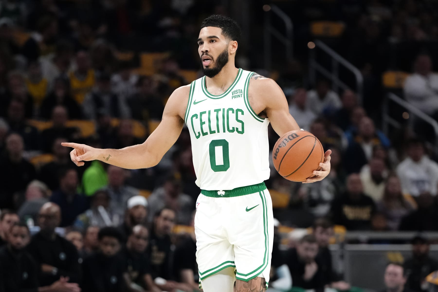 INDIANAPOLIS, INDIANA - DECEMBER 04: Jayson Tatum #0 of the Boston Celtics dribbles the ball in the first quarter against the Indiana Pacers during the NBA In-Season Tournament at Gainbridge Fieldhouse on December 04, 2023 in Indianapolis, Indiana. NOTE TO USER: User expressly acknowledges and agrees that, by downloading and or using this photograph, User is consenting to the terms and conditions of the Getty Images License Agreement. (Photo by Dylan Buell/Getty Images)