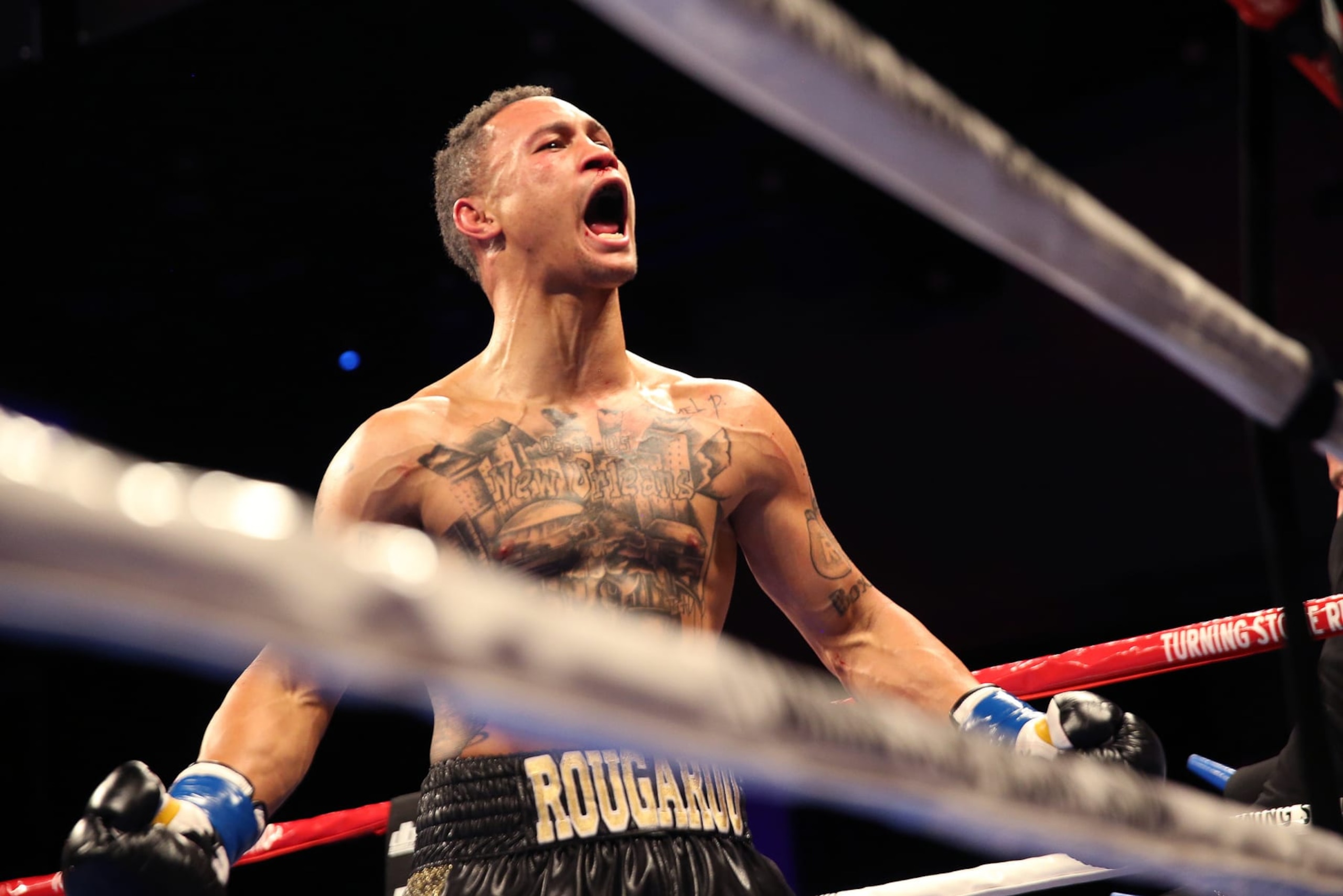 VERONA, NY - JUNE 09:  Regis Prograis celebrates after knocking out Joel Diaz Jr. during a ShoBox boxing match at the Turning Stone Resort Casino on June 9, 2017 in Verona, New York. (Photo by Alex Menendez/Getty Images)