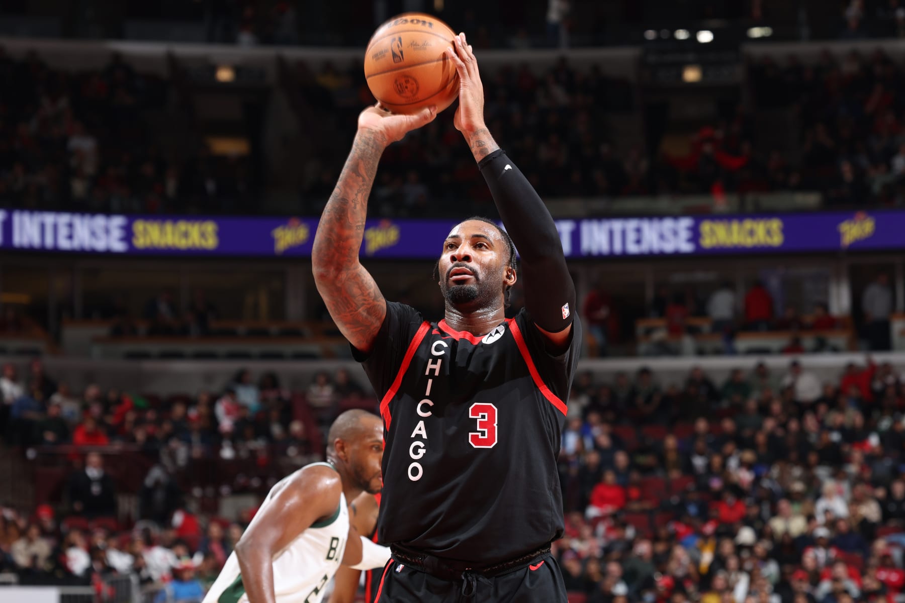CHICAGO, IL - NOVEMBER 30: Andre Drummond #3 of the Chicago Bulls shoots a free throw during the game against the Milwaukee Bucks on November 30, 2023 at United Center in Chicago, Illinois. NOTE TO USER: User expressly acknowledges and agrees that, by downloading and or using this photograph, User is consenting to the terms and conditions of the Getty Images License Agreement. Mandatory Copyright Notice: Copyright 2023 NBAE (Photo by Jeff Haynes/NBAE via Getty Images)