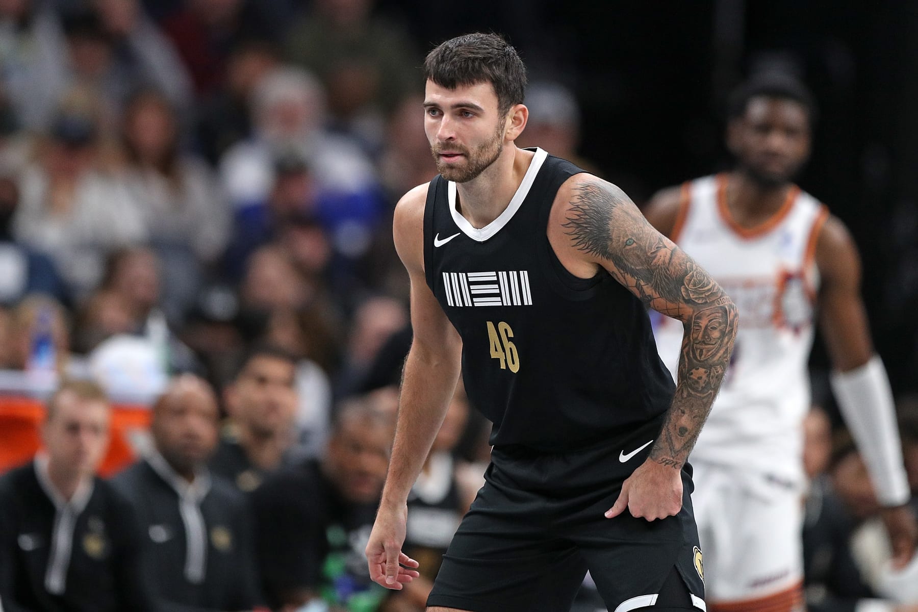 MEMPHIS, TENNESSEE - NOVEMBER 24: John Konchar #46 of the Memphis Grizzlies against the Phoenix Suns during a In-Season Tournament game at FedExForum on November 24, 2023 in Memphis, Tennessee. NOTE TO USER: User expressly acknowledges and agrees that, by downloading and or using this photograph, User is consenting to the terms and conditions of the Getty Images License Agreement.  (Photo by Justin Ford/Getty Images)