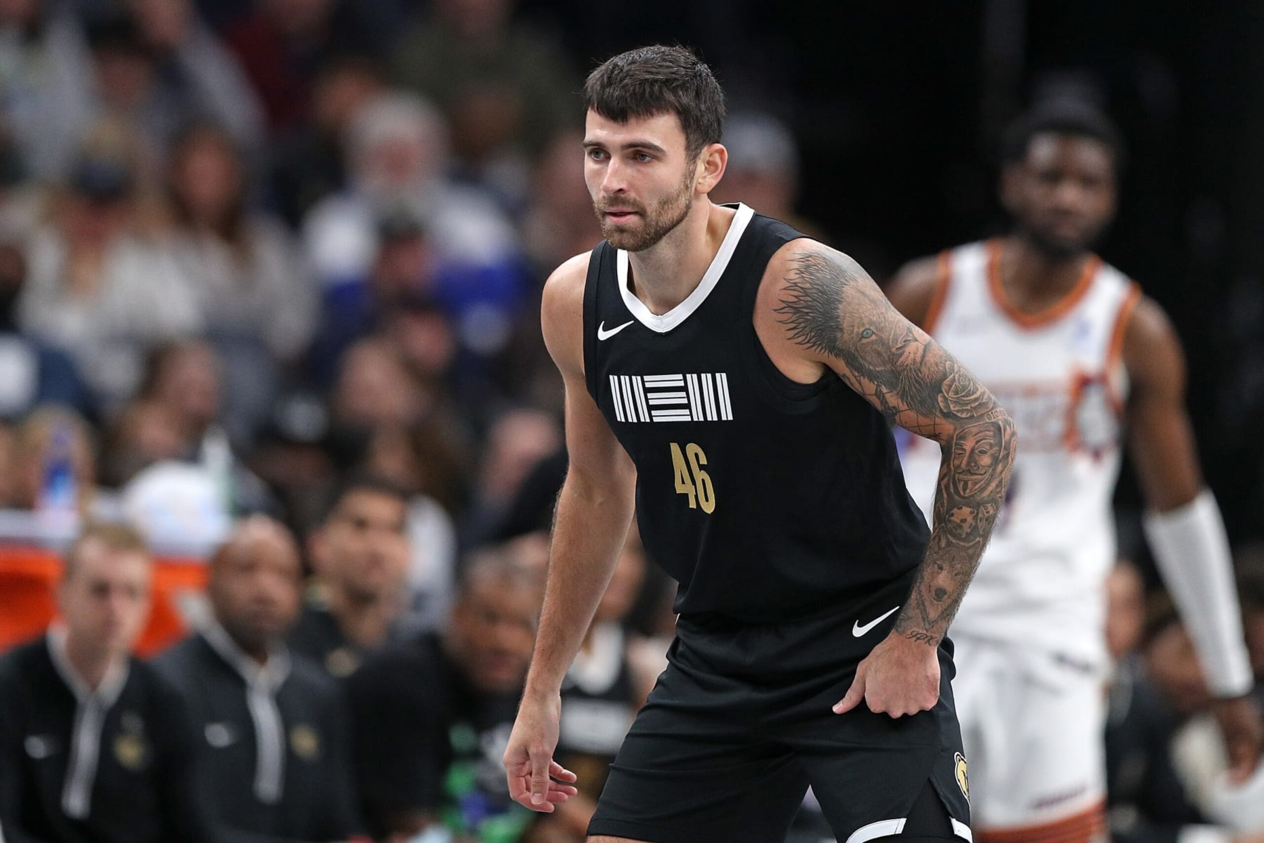 MEMPHIS, TENNESSEE - NOVEMBER 24: John Konchar #46 of the Memphis Grizzlies against the Phoenix Suns during a In-Season Tournament game at FedExForum on November 24, 2023 in Memphis, Tennessee. NOTE TO USER: User expressly acknowledges and agrees that, by downloading and or using this photograph, User is consenting to the terms and conditions of the Getty Images License Agreement. (Photo by Justin Ford/Getty Images) MEMPHIS, TENNESSEE - NOVEMBER 24: John Konchar #46 of the Memphis Grizzlies against the Phoenix Suns during a In-Season Tournament game at FedExForum on November 24, 2023 in Memphis, Tennessee. NOTE TO USER: User expressly acknowledges and agrees that, by downloading and or using this photograph, User is consenting to the terms and conditions of the Getty Images License Agreement. (Photo by Justin Ford/Getty Images)