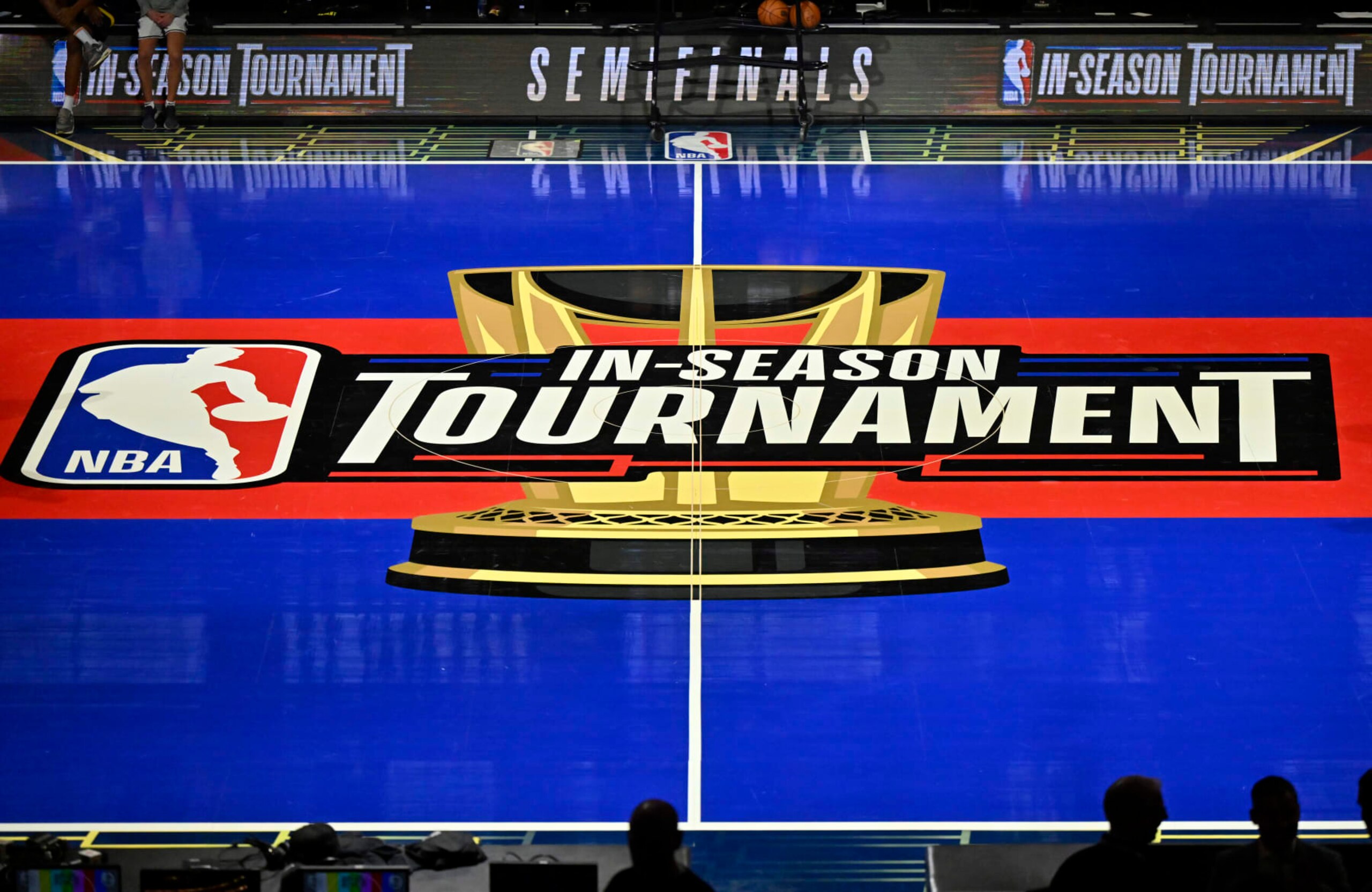 LAS VEGAS, NV - DECEMBER 6: An overall view of the In-Season Tournament court on December 6, 2023 at T-Mobile Arena in Las Vegas, Nevada. NOTE TO USER: User expressly acknowledges and agrees that, by downloading and or using this photograph, User is consenting to the terms and conditions of the Getty Images License Agreement. Mandatory Copyright Notice: Copyright 2023 NBAE (Photo by David Becker/NBAE via Getty Images)