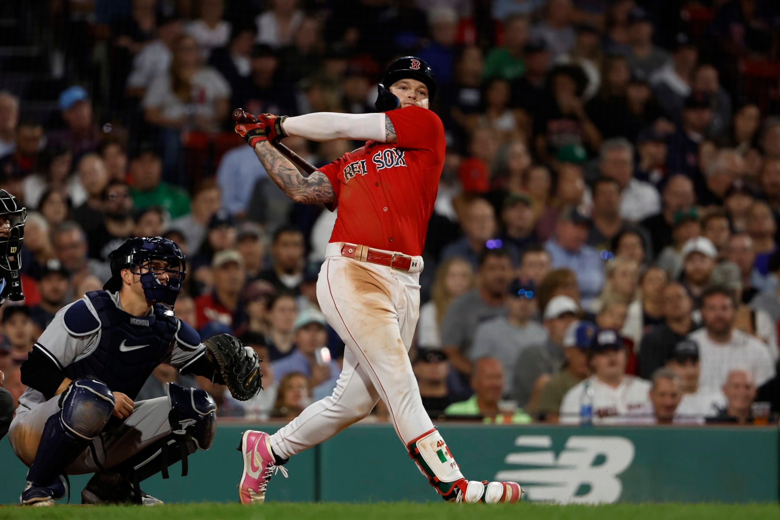 BOSTON, MA - SEPTEMBER 14: Alex Verdugo #99 of the Boston Red Sox follows through on a hit against the New York Yankees during the seventh inning of game two of a doubleheader at Fenway Park on September 14, 2023 in Boston, Massachusetts. (Photo By Winslow Townson/Getty Images) BOSTON, MA - SEPTEMBER 14: Alex Verdugo #99 of the Boston Red Sox follows through on a hit against the New York Yankees during the seventh inning of game two of a doubleheader at Fenway Park on September 14, 2023 in Boston, Massachusetts. (Photo By Winslow Townson/Getty Images)