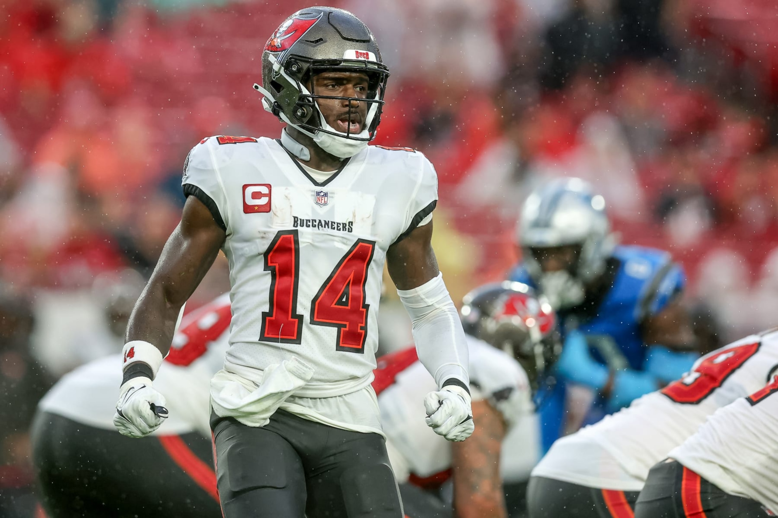 TAMPA, FLORIDA - DECEMBER 3: Chris Godwin #14 of the Tampa Bay Buccaneers goes in motion against the Carolina Panthers at Raymond James Stadium on December 3, 2023 in Tampa, Florida. (Photo by Mike Carlson/Getty Images)