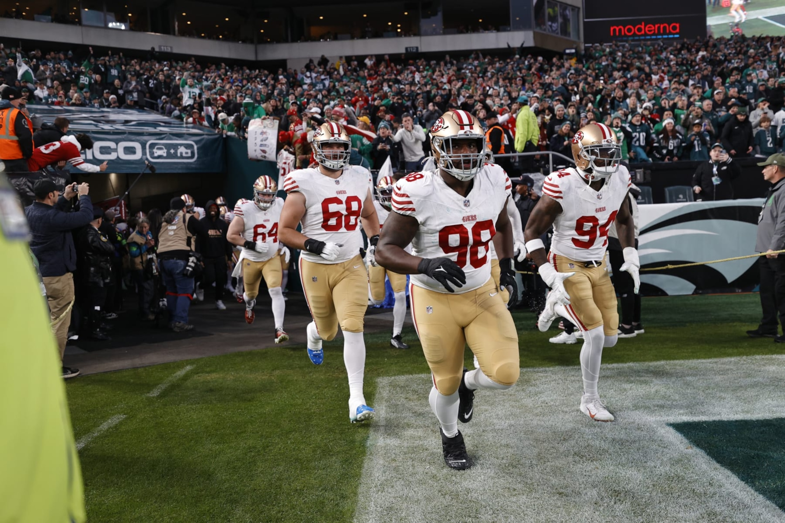 PHILADELPHIA, PA - DECEMBER 3: The San Francisco 49ers take the field before the game against the Philadelphia Eagles at Lincoln Financial Field on December 3, 2023 in Philadelphia, Pennsylvania. The 49ers defeated the Eagles 42-19. (Photo by Michael Zagaris/San Francisco 49ers/Getty Images)