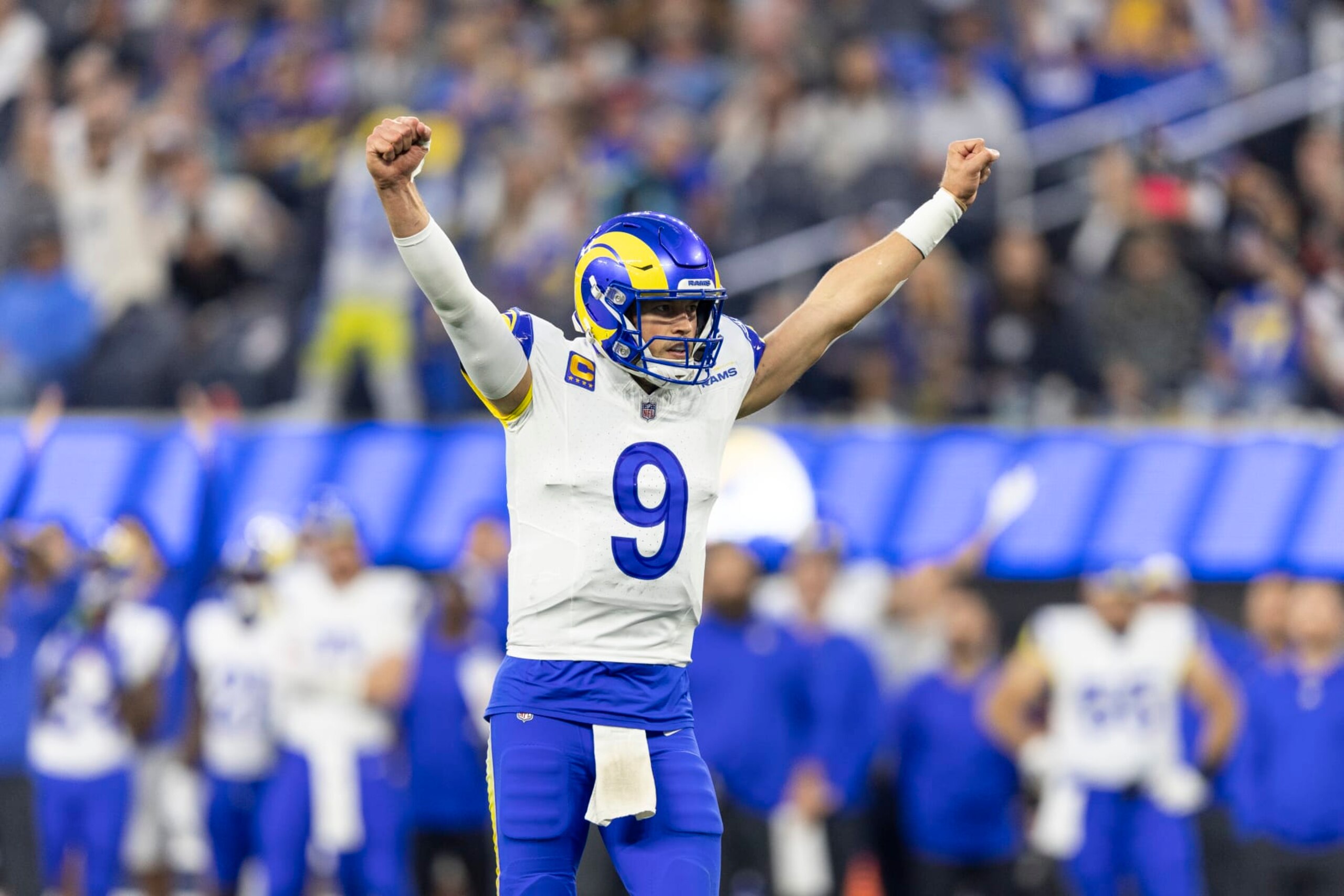 INGLEWOOD, CALIFORNIA - DECEMBER 03: Matthew Stafford #9 of the Los Angeles Rams celebrates after a touchdown during an NFL football game between the Los Angeles Rams and the Cleveland Browns at SoFi Stadium on December 03, 2023 in Inglewood, California. (Photo by Michael Owens/Getty Images)