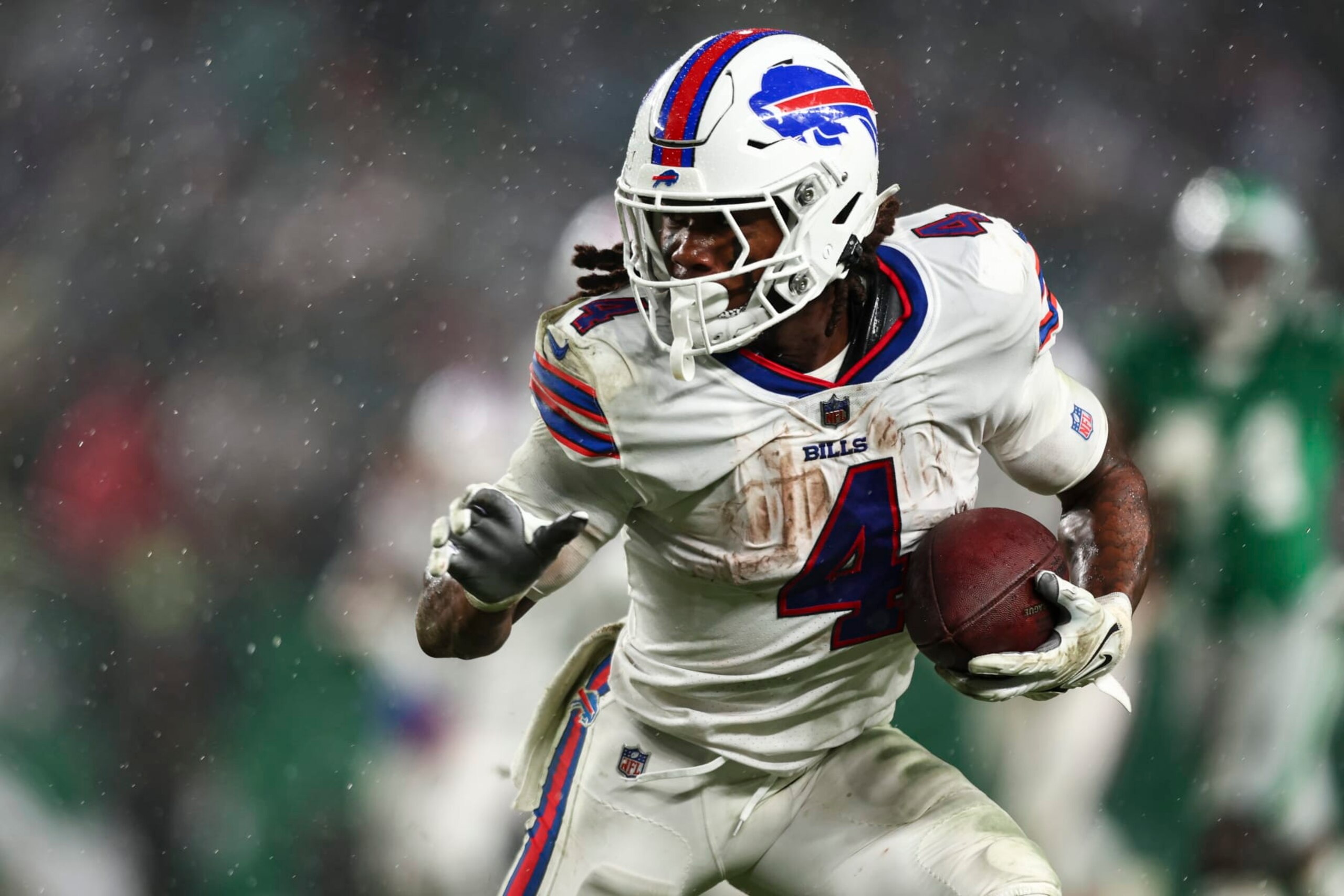 PHILADELPHIA, PA - NOVEMBER 26: James Cook #4 of the Buffalo Bills carries the ball during the third quarter of an NFL football game against the Philadelphia Eagles at Lincoln Financial Field on November 26, 2023 in Philadelphia, Pennsylvania. (Photo by Kevin Sabitus/Getty Images)