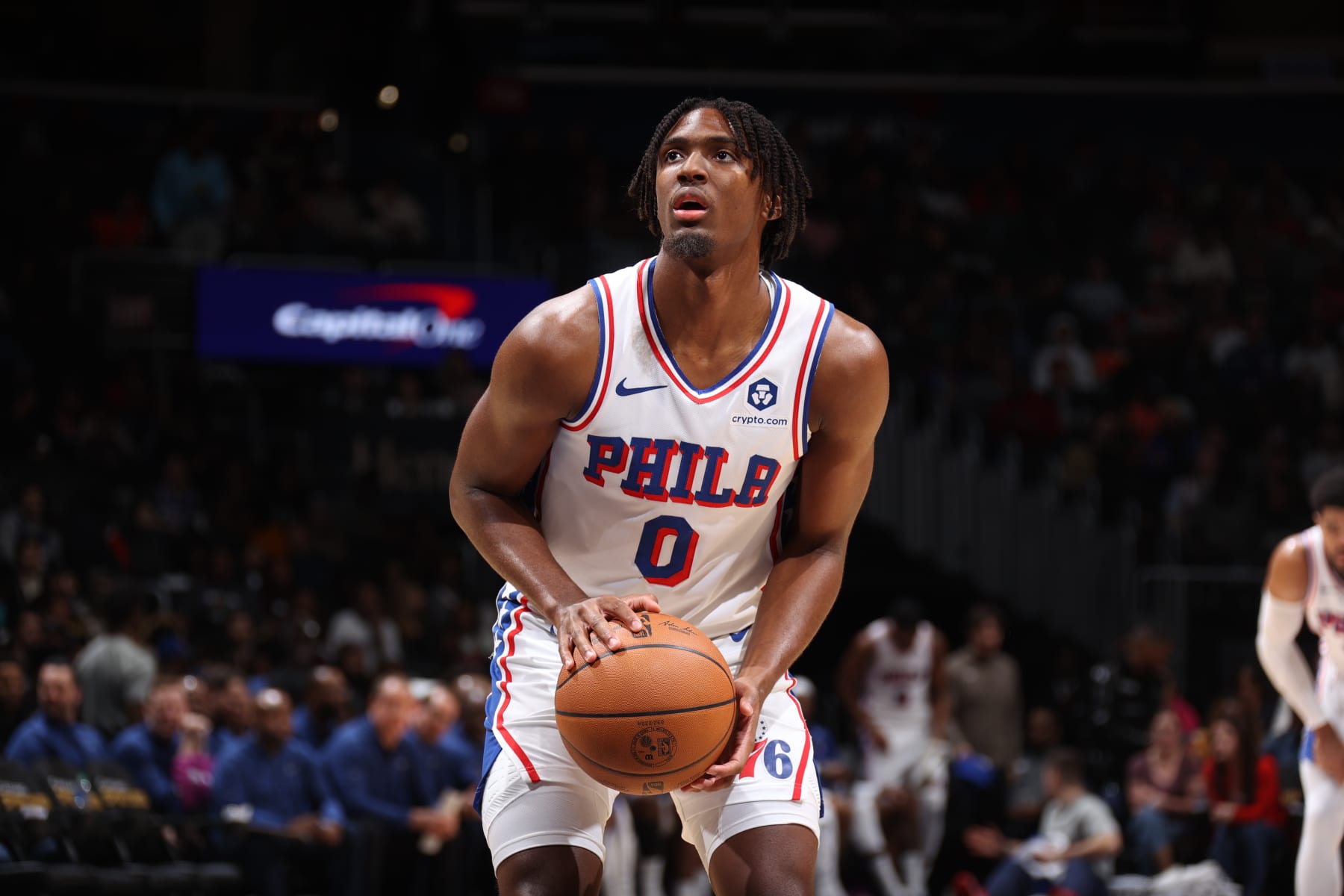 WASHINGTON, DC -  DECEMBER 6: Tyrese Maxey #0 of the Philadelphia 76ers prepares to shoot a free throw during the game against the Washington Wizards on December 6, 2023 at Capital One Arena in Washington, DC. NOTE TO USER: User expressly acknowledges and agrees that, by downloading and or using this Photograph, user is consenting to the terms and conditions of the Getty Images License Agreement. Mandatory Copyright Notice: Copyright 2023 NBAE (Photo by Stephen Gosling/NBAE via Getty Images)