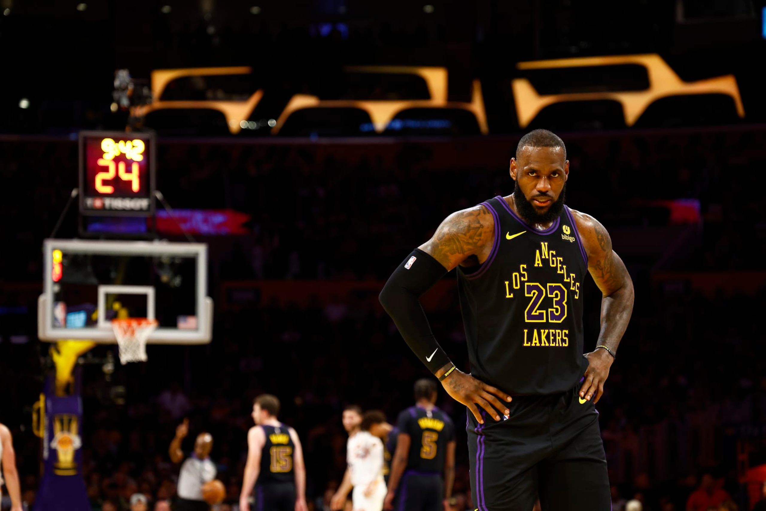 LOS ANGELES, CALIFORNIA - DECEMBER 05:  LeBron James #23 of the Los Angeles Lakers in the first half during the 2023 NBA In-Season Tournament quarterfinals at Crypto.com Arena on December 05, 2023 in Los Angeles, California.  NOTE TO USER: User expressly acknowledges and agrees that, by downloading and/or using this photograph, user is consenting to the terms and conditions of the Getty Images License Agreement. (Photo by Ronald Martinez/Getty Images)