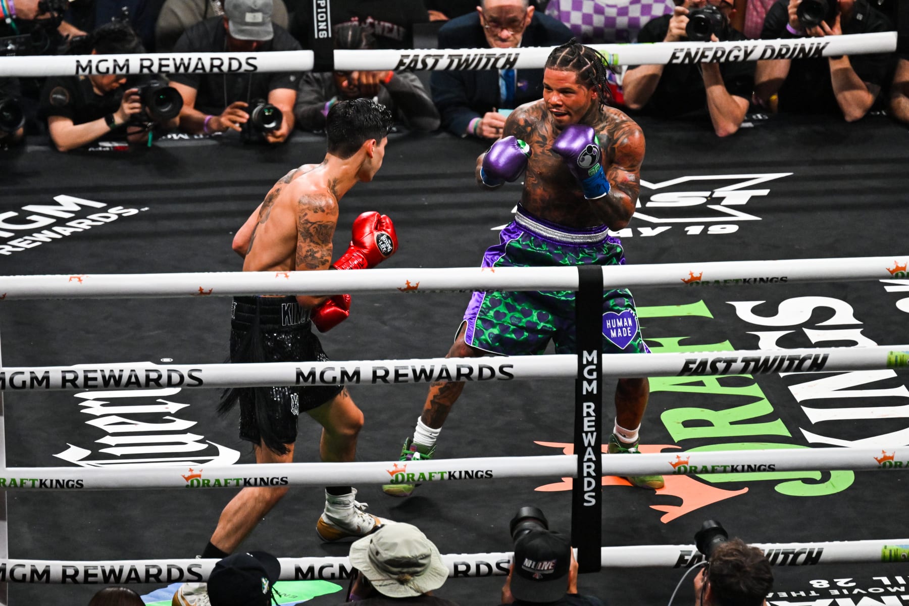 LAS VEGAS, NV - APRIL 22: Gervonta Davis (R) and Ryan Garcia (L) exchange punches during their fight for Lightweights of the Premiere Boxing Championship on Saturday night at the T-Mobile Arena in Las Vegas, Nevada, United States on April 22, 2023. (Photo by Tayfun CoÅkun/Anadolu Agency via Getty Images)
