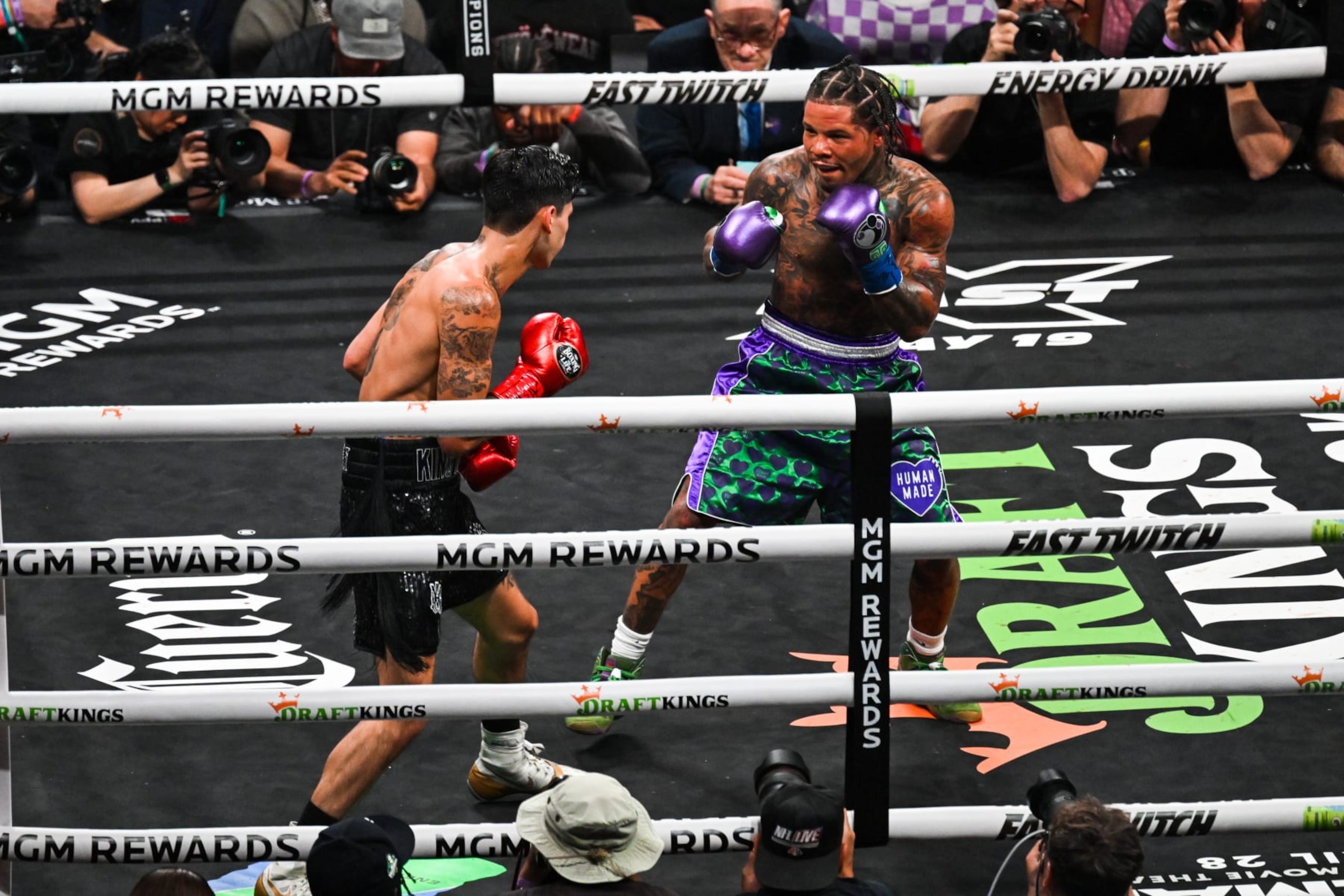 LAS VEGAS, NV - APRIL 22: Gervonta Davis (R) and Ryan Garcia (L) exchange punches during their fight for Lightweights of the Premiere Boxing Championship on Saturday night at the T-Mobile Arena in Las Vegas, Nevada, United States on April 22, 2023. (Photo by Tayfun CoÅkun/Anadolu Agency via Getty Images)
