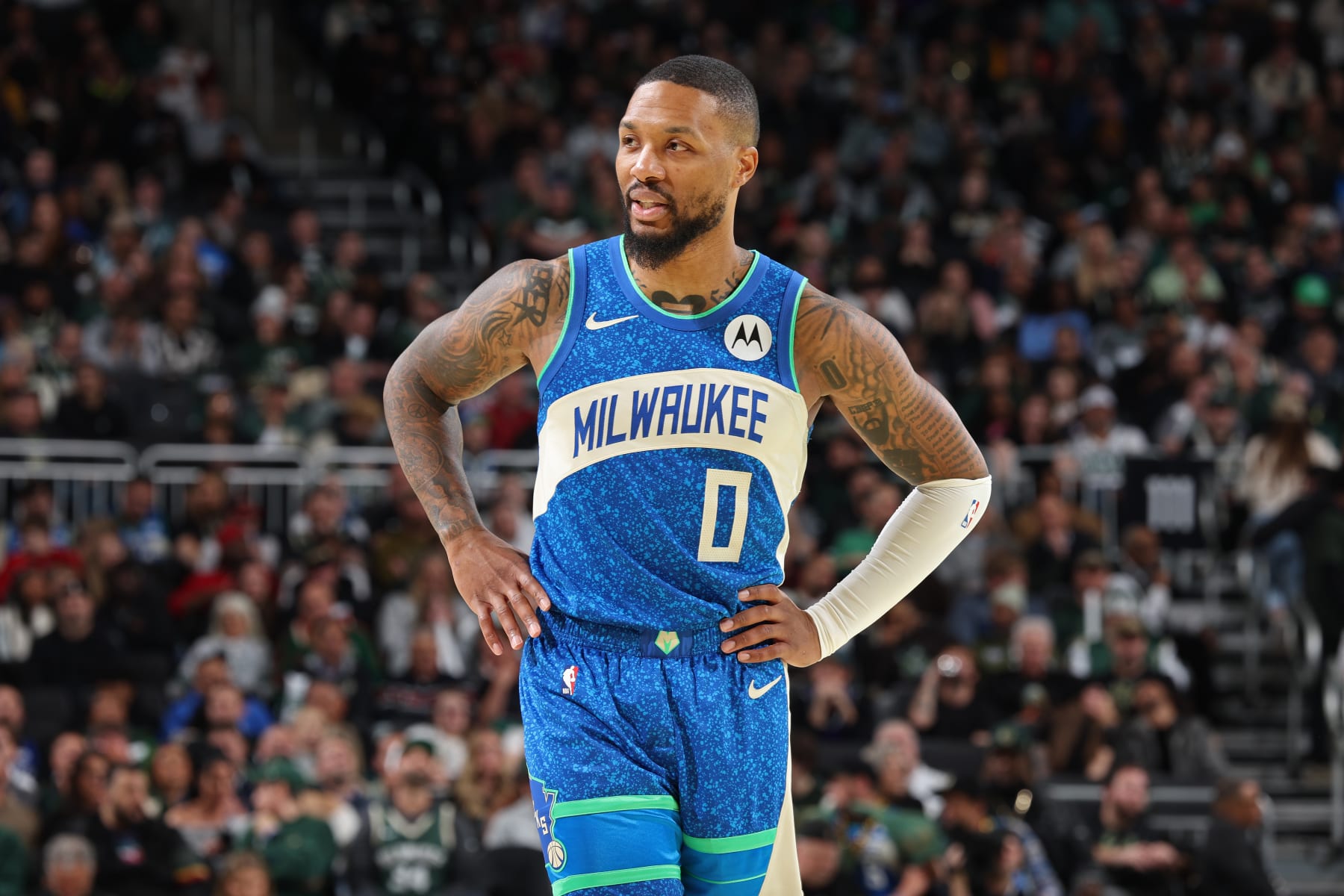 MILWAUKEE, WI - DECEMBER 5: Damian Lillard #0 of the Milwaukee Bucks looks on during the game during the In-Season Tournament Quarterfinals on December 5, 2023 at Fiserv Forum in Milwaukee, Wisconsin. NOTE TO USER: User expressly acknowledges and agrees that, by downloading and or using this photograph, User is consenting to the terms and conditions of the Getty Images License Agreement. Mandatory Copyright Notice: Copyright 2023 NBAE (Photo by Jeff Haynes/NBAE via Getty Images)