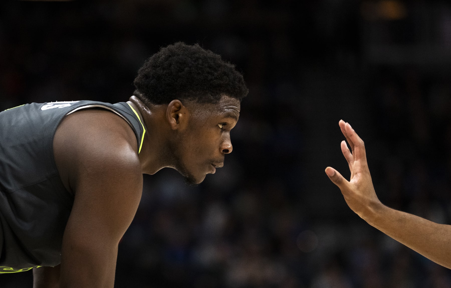 MINNEAPOLIS, MINNESOTA - DECEMBER 6: Anthony Edwards #5 of the Minnesota Timberwolves is guarded in the first quarter of the game against the San Antonio Spurs at Target Center on December 6, 2023 in Minneapolis, Minnesota. (Photo by Stephen Maturen/Getty Images) NOTE TO USER: User expressly acknowledges and agrees that, by downloading and or using this photograph, User is consenting to the terms and conditions of the Getty Images License Agreement.