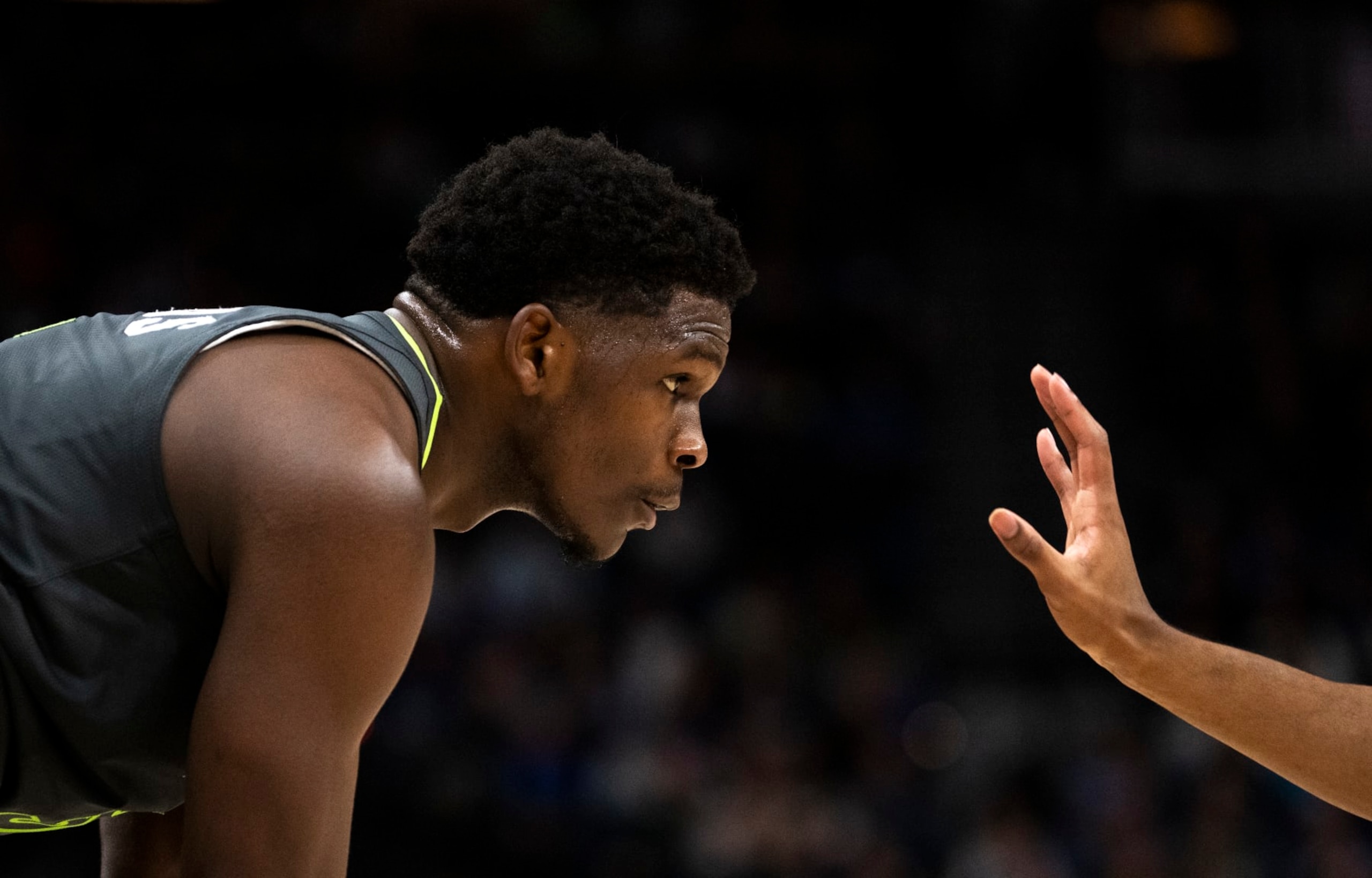 MINNEAPOLIS, MINNESOTA - DECEMBER 6: Anthony Edwards #5 of the Minnesota Timberwolves is guarded in the first quarter of the game against the San Antonio Spurs at Target Center on December 6, 2023 in Minneapolis, Minnesota. (Photo by Stephen Maturen/Getty Images) NOTE TO USER: User expressly acknowledges and agrees that, by downloading and or using this photograph, User is consenting to the terms and conditions of the Getty Images License Agreement.