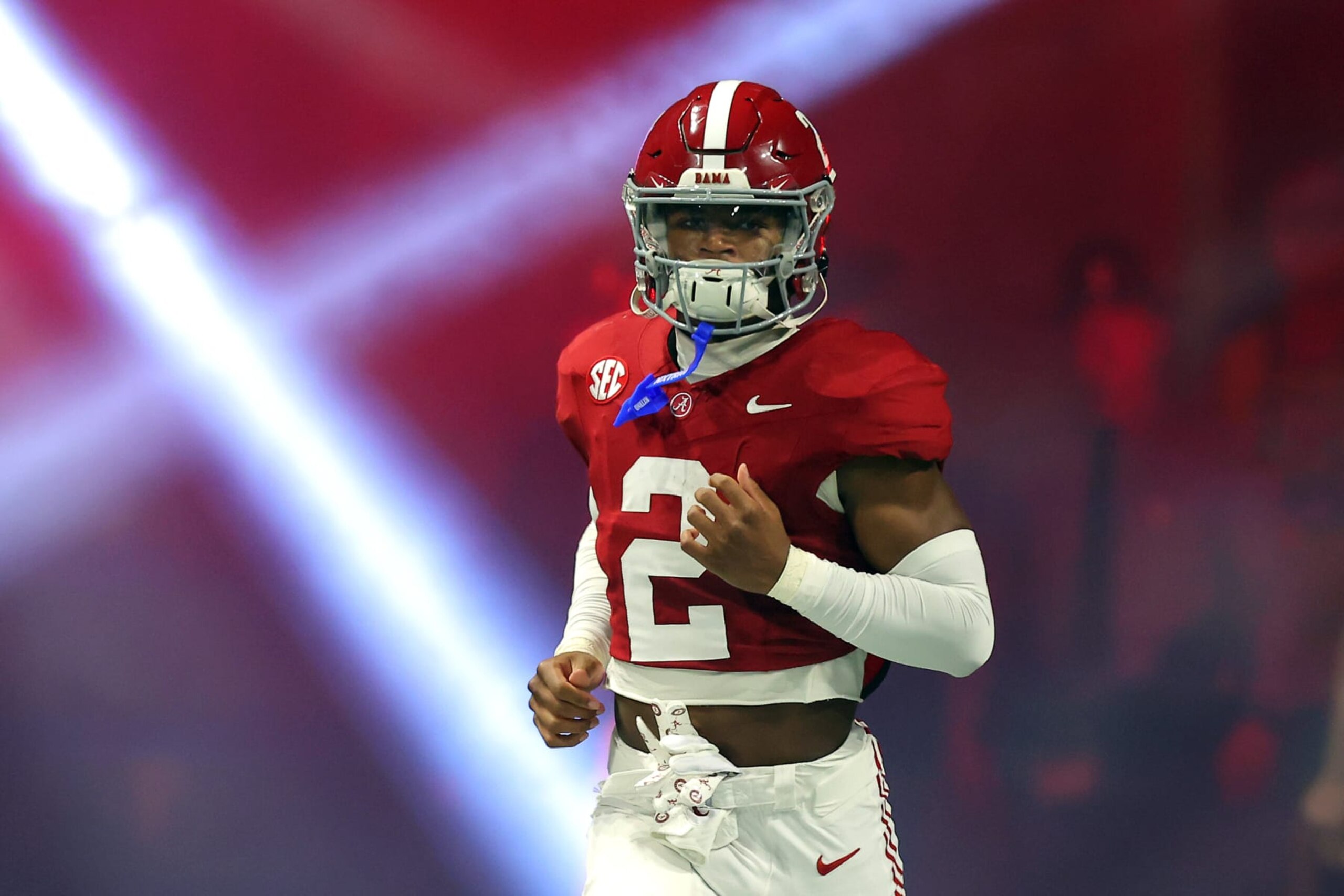 ATLANTA, GEORGIA - DECEMBER 02: Caleb Downs #2 of the Alabama Crimson Tide runs onto the field during team introductions prior to the SEC Championship game against the Georgia Bulldogs at Mercedes-Benz Stadium on December 02, 2023 in Atlanta, Georgia. (Photo by Kevin C. Cox/Getty Images) ATLANTA, GEORGIA - DECEMBER 02: Caleb Downs #2 of the Alabama Crimson Tide runs onto the field during team introductions prior to the SEC Championship game against the Georgia Bulldogs at Mercedes-Benz Stadium on December 02, 2023 in Atlanta, Georgia. (Photo by Kevin C. Cox/Getty Images)