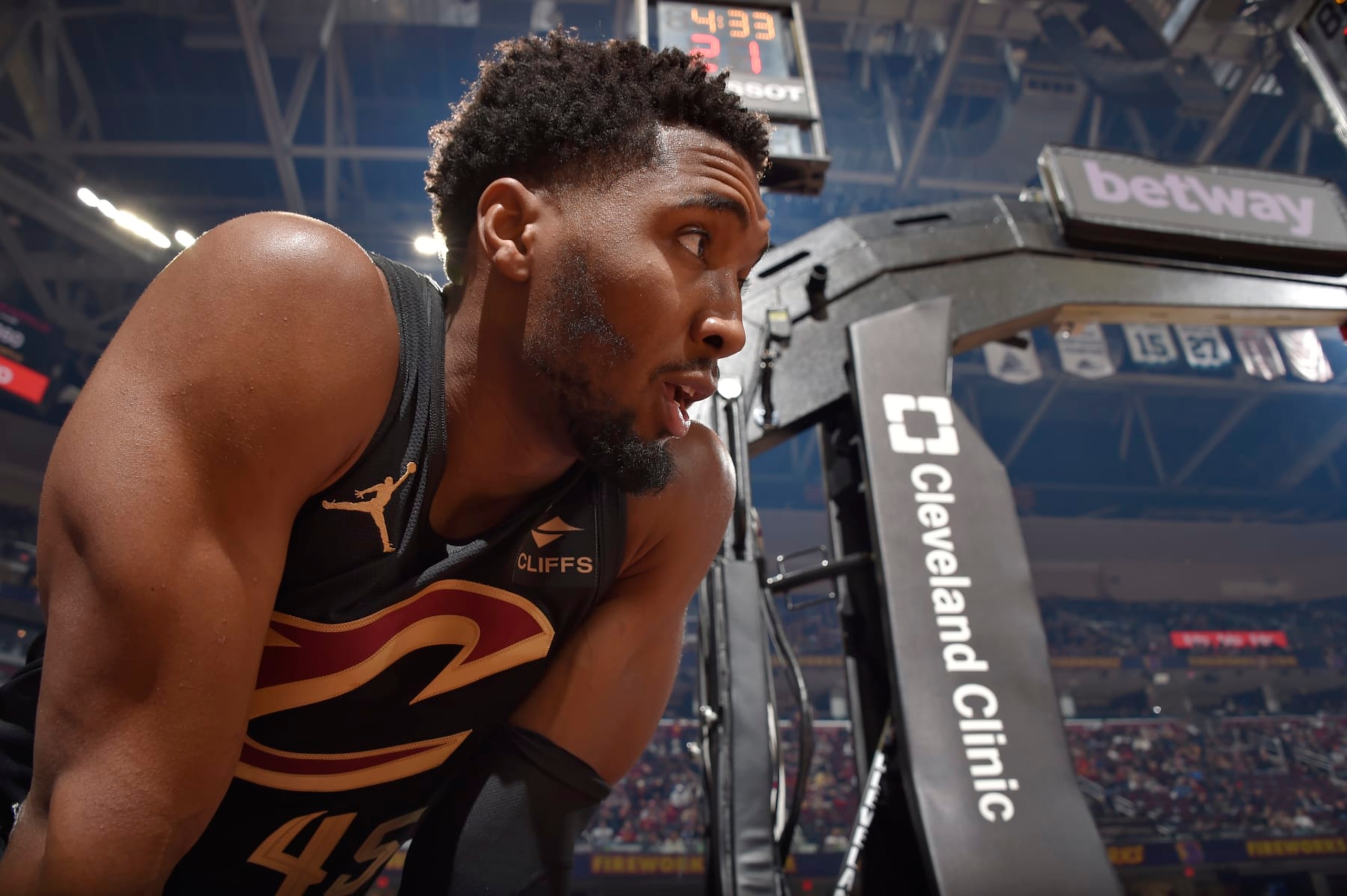 CLEVELAND, OH - DECEMBER 6: Donovan Mitchell #45 of the Cleveland Cavaliers looks on during the game against the Orlando Magic on December 6, 2023 at Rocket Mortgage FieldHouse in Cleveland, Ohio. NOTE TO USER: User expressly acknowledges and agrees that, by downloading and/or using this Photograph, user is consenting to the terms and conditions of the Getty Images License Agreement. Mandatory Copyright Notice: Copyright 2023 NBAE (Photo by David Liam Kyle/NBAE via Getty Images)