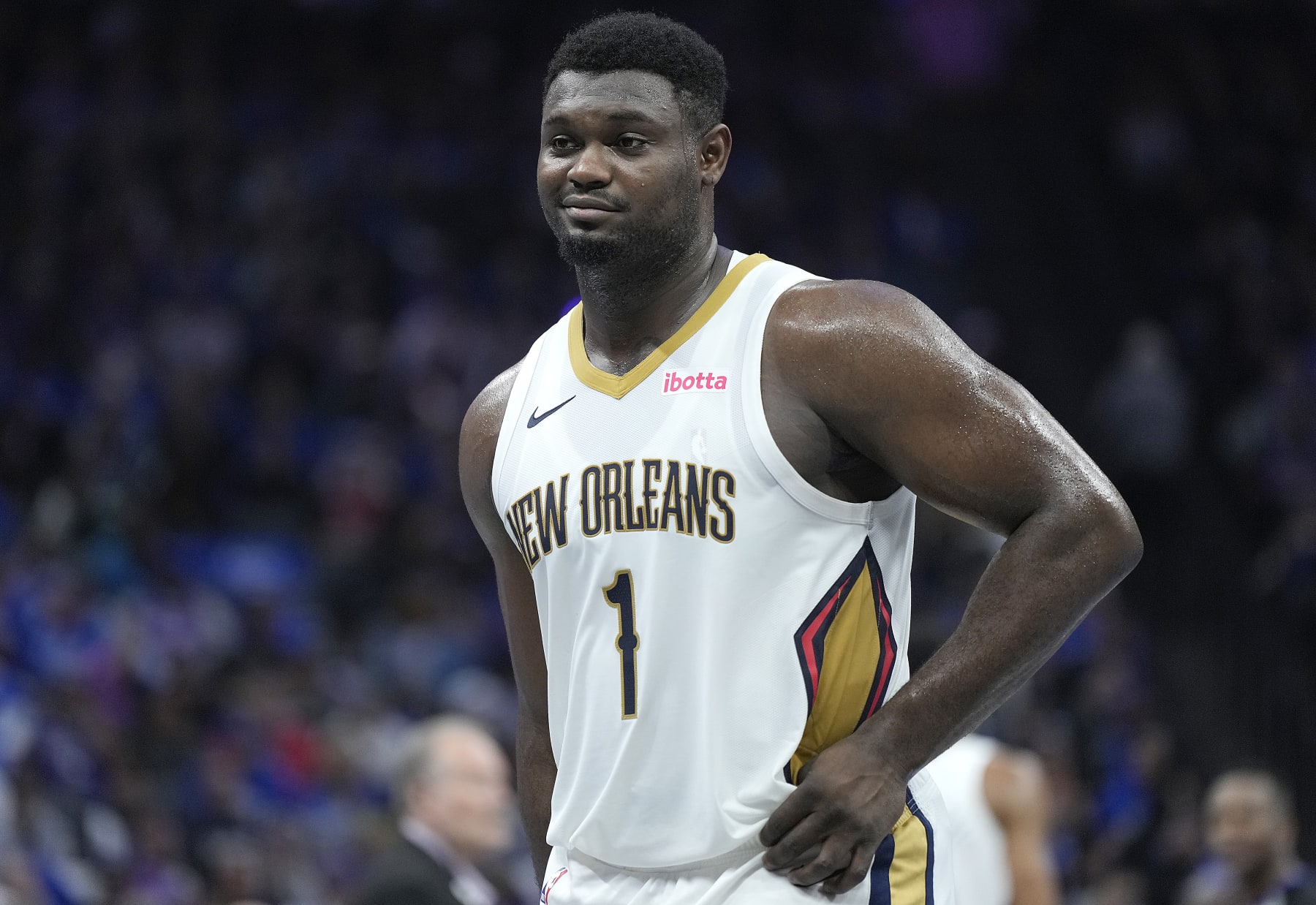 SACRAMENTO, CALIFORNIA - DECEMBER 04: Zion Williamson #1 of the New Orleans Pelicans looks on against the Sacramento Kings in the second quarter of an NBA In-Season Tournament Knockout Round game at Golden 1 Center on December 04, 2023 in Sacramento, California. NOTE TO USER: User expressly acknowledges and agrees that, by downloading and or using this photograph, User is consenting to the terms and conditions of the Getty Images License Agreement. (Photo by Thearon W. Henderson/Getty Images)