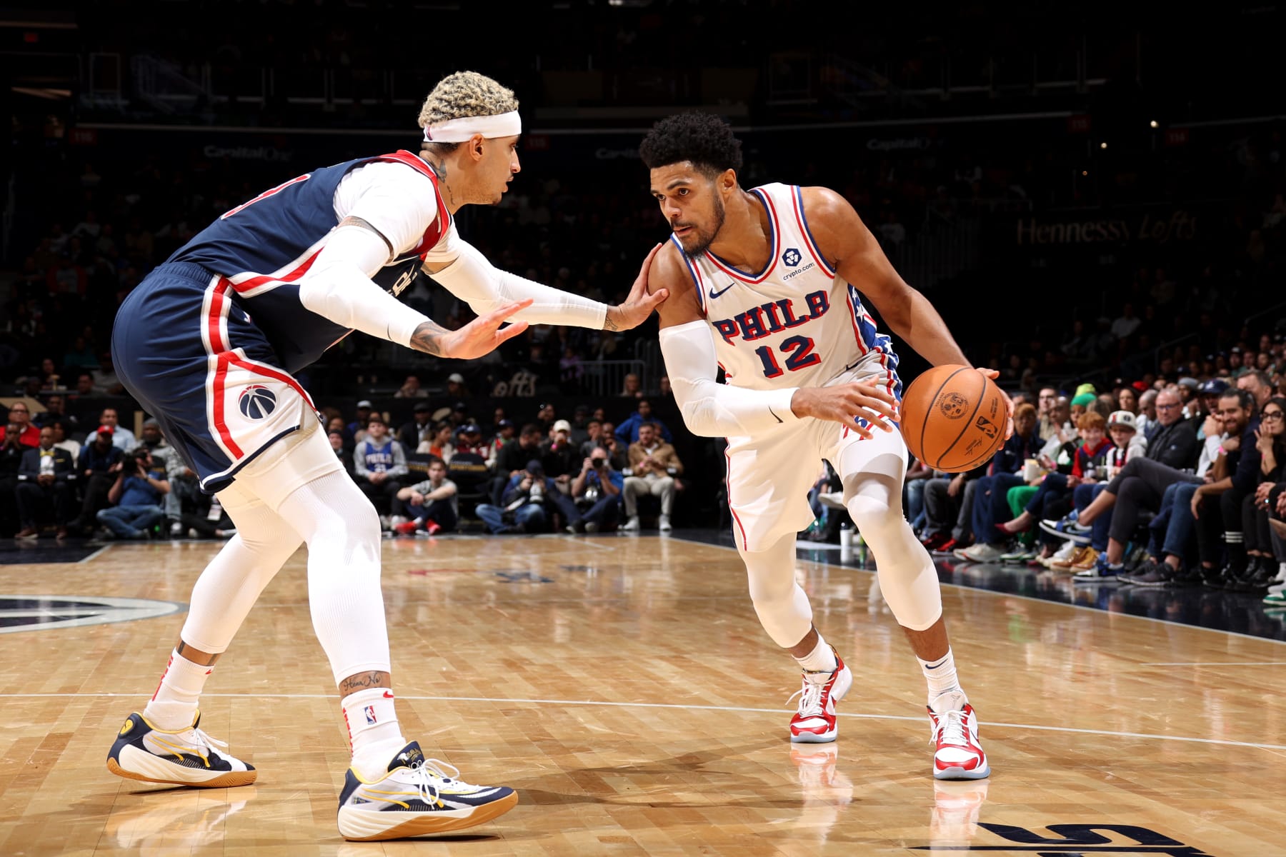 WASHINGTON, DC -  DECEMBER 6: Tobias Harris #12 of the Philadelphia 76ers handles the ball during the game against the Washington Wizards on December 6, 2023 at Capital One Arena in Washington, DC. NOTE TO USER: User expressly acknowledges and agrees that, by downloading and or using this Photograph, user is consenting to the terms and conditions of the Getty Images License Agreement. Mandatory Copyright Notice: Copyright 2023 NBAE (Photo by Stephen Gosling/NBAE via Getty Images)