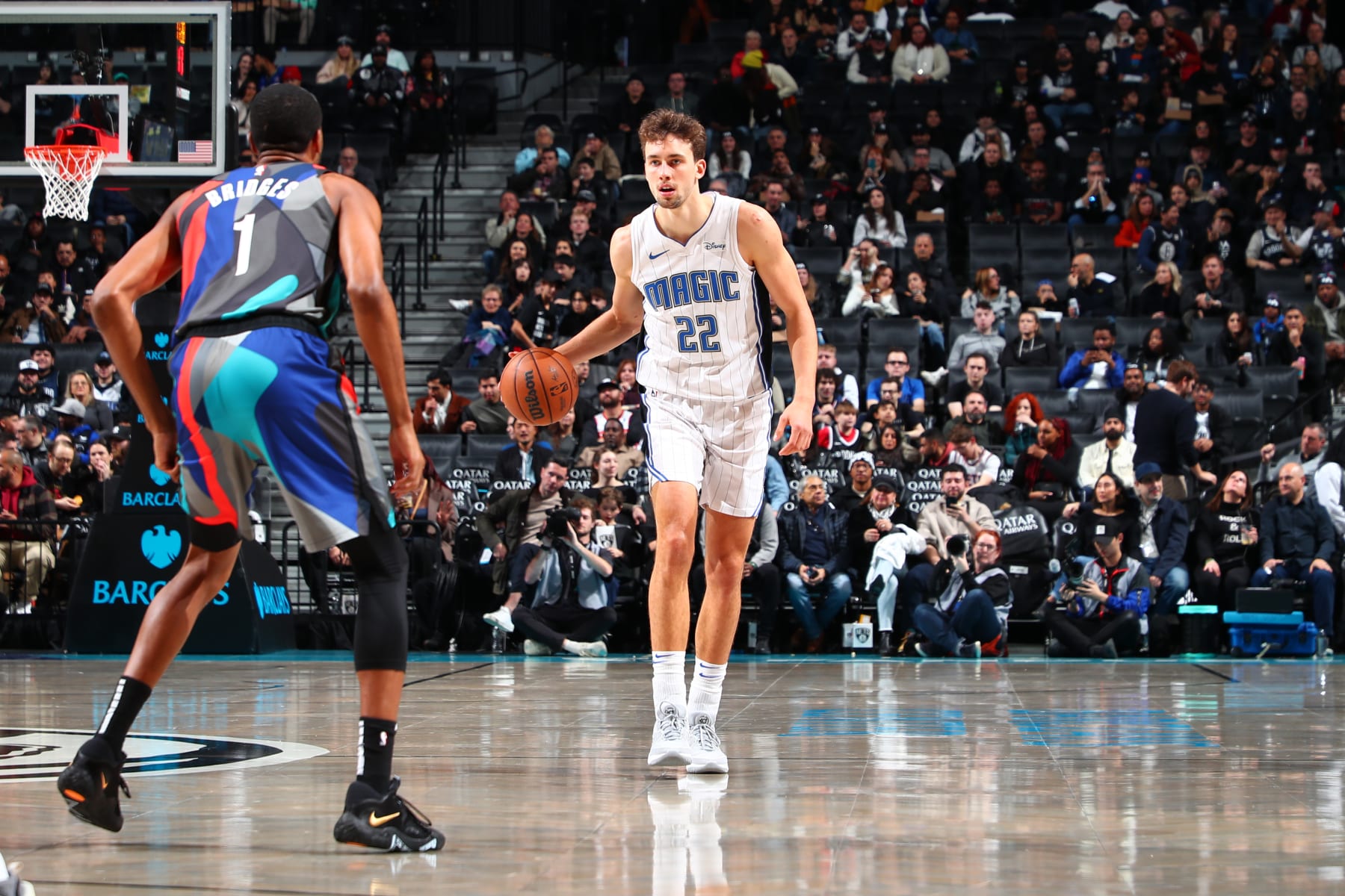 BROOKLYN, NY - DECEMBER 2: Franz Wagner #22 of the Orlando Magic dribbles the ball during the game against the Brooklyn Nets on December 2, 2023 at Barclays Center in Brooklyn, New York. NOTE TO USER: User expressly acknowledges and agrees that, by downloading and or using this Photograph, user is consenting to the terms and conditions of the Getty Images License Agreement. Mandatory Copyright Notice: Copyright 2023 NBAE (Photo by David L. Nemec/NBAE via Getty Images)
