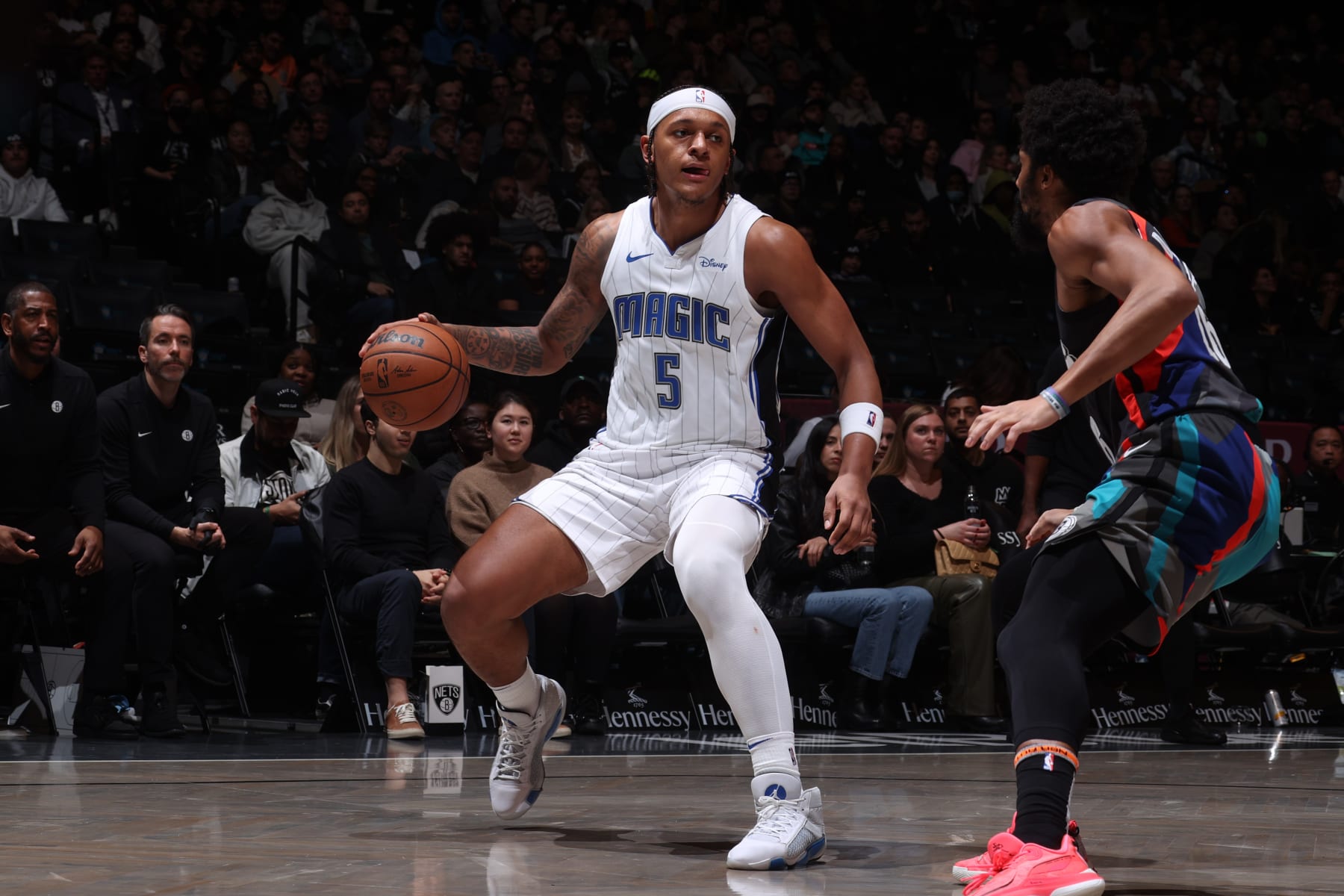 BROOKLYN, NY - DECEMBER 2: Paolo Banchero #5 of the Orlando Magic dribbles the ball during the game against the Brooklyn Nets on December 2, 2023 at Barclays Center in Brooklyn, New York. NOTE TO USER: User expressly acknowledges and agrees that, by downloading and or using this Photograph, user is consenting to the terms and conditions of the Getty Images License Agreement. Mandatory Copyright Notice: Copyright 2023 NBAE (Photo by Nathaniel S. Butler/NBAE via Getty Images)