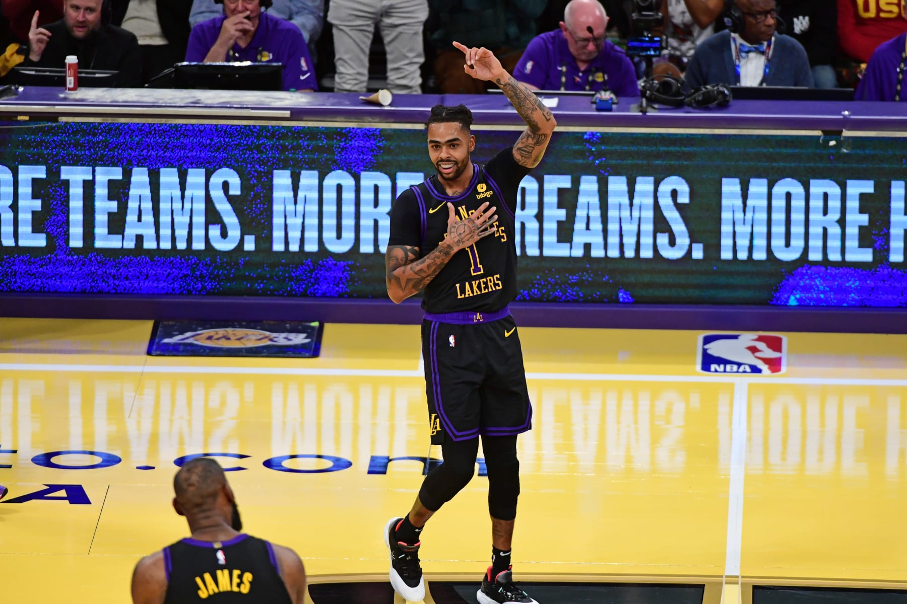 LOS ANGELES, CA - DECEMBER 5: D'Angelo Russell #1 of the Los Angeles Lakers celebrates during the game against the Phoenix Suns during the Quarterfinals of the In-Season Tournament on December 5, 2023 at Crypto.Com Arena in Los Angeles, California. NOTE TO USER: User expressly acknowledges and agrees that, by downloading and/or using this Photograph, user is consenting to the terms and conditions of the Getty Images License Agreement. Mandatory Copyright Notice: Copyright 2023 NBAE (Photo by Adam Pantozzi/NBAE via Getty Images)