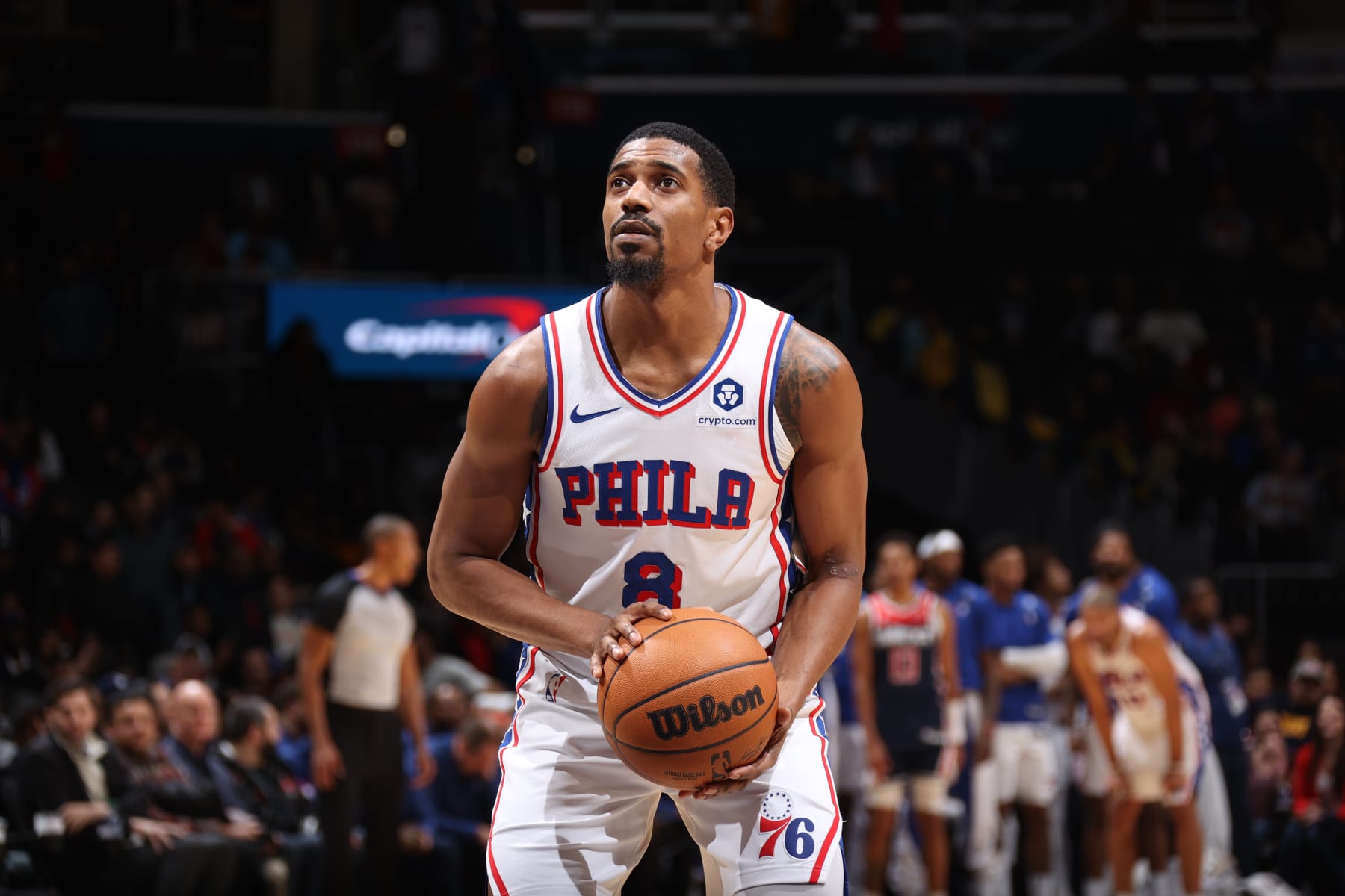 WASHINGTON, DC -  DECEMBER 6: De'Anthony Melton #8 of the Philadelphia 76ers prepares to shoot a free throw during the game against the Washington Wizards on December 6, 2023 at Capital One Arena in Washington, DC. NOTE TO USER: User expressly acknowledges and agrees that, by downloading and or using this Photograph, user is consenting to the terms and conditions of the Getty Images License Agreement. Mandatory Copyright Notice: Copyright 2023 NBAE (Photo by Stephen Gosling/NBAE via Getty Images)