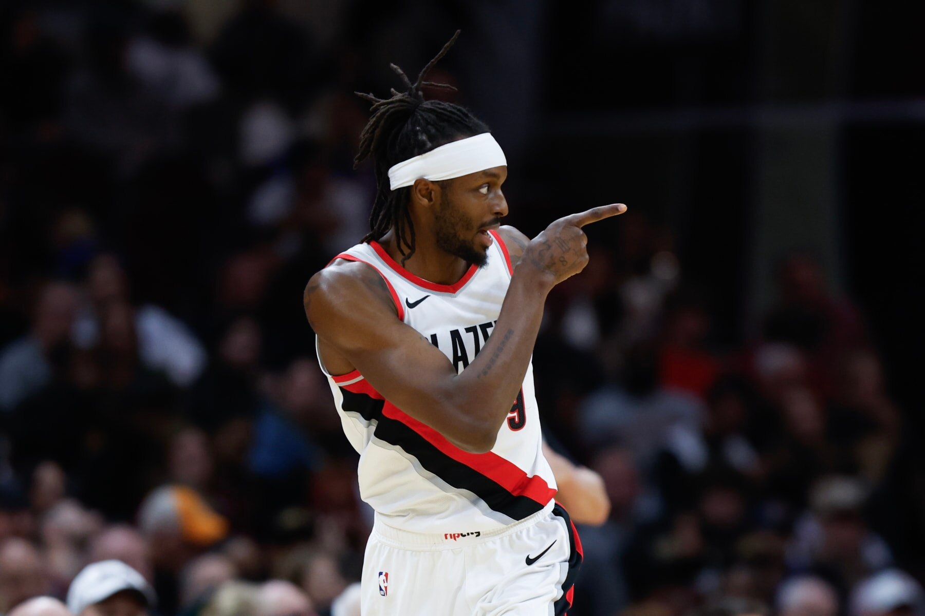 CLEVELAND, OH - NOVEMBER 30: Jerami Grant #9 of the Portland Trail Blazers reacts after a basket during the second half against the Cleveland Cavaliers at Rocket Mortgage Fieldhouse on November 30, 2023 in Cleveland, Ohio. NOTE TO USER: User expressly acknowledges and agrees that, by downloading and or using this photograph, User is consenting to the terms and conditions of the Getty Images License Agreement. (Photo by Ron Schwane/Getty Images)
