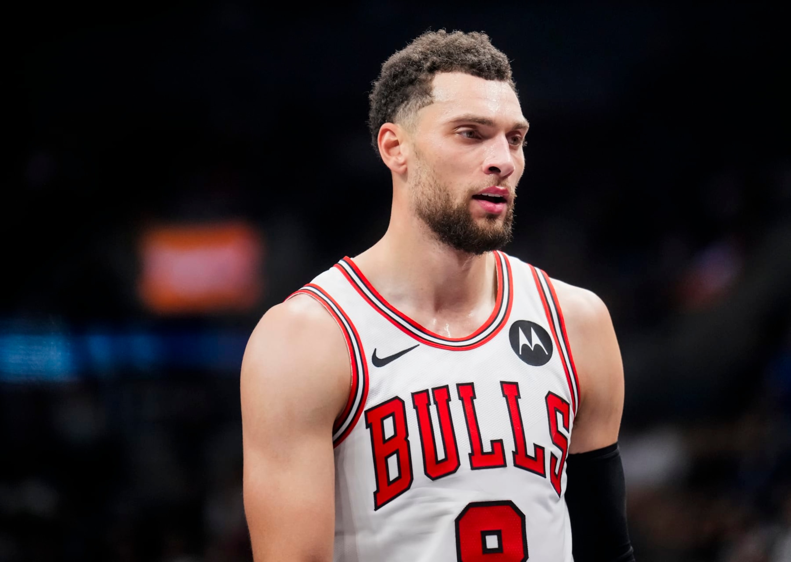 TORONTO, ON - NOVEMBER 24: Zach LaVine #8 of the Chicago Bulls looks on against the Toronto Raptors during the first half of their NBA In-Season Tournament game at the Scotiabank Arena on November 24, 2023 in Toronto, Ontario, Canada. NOTE TO USER: User expressly acknowledges and agrees that, by downloading and/or using this Photograph, user is consenting to the terms and conditions of the Getty Images License Agreement. (Photo by Mark Blinch/Getty Images)