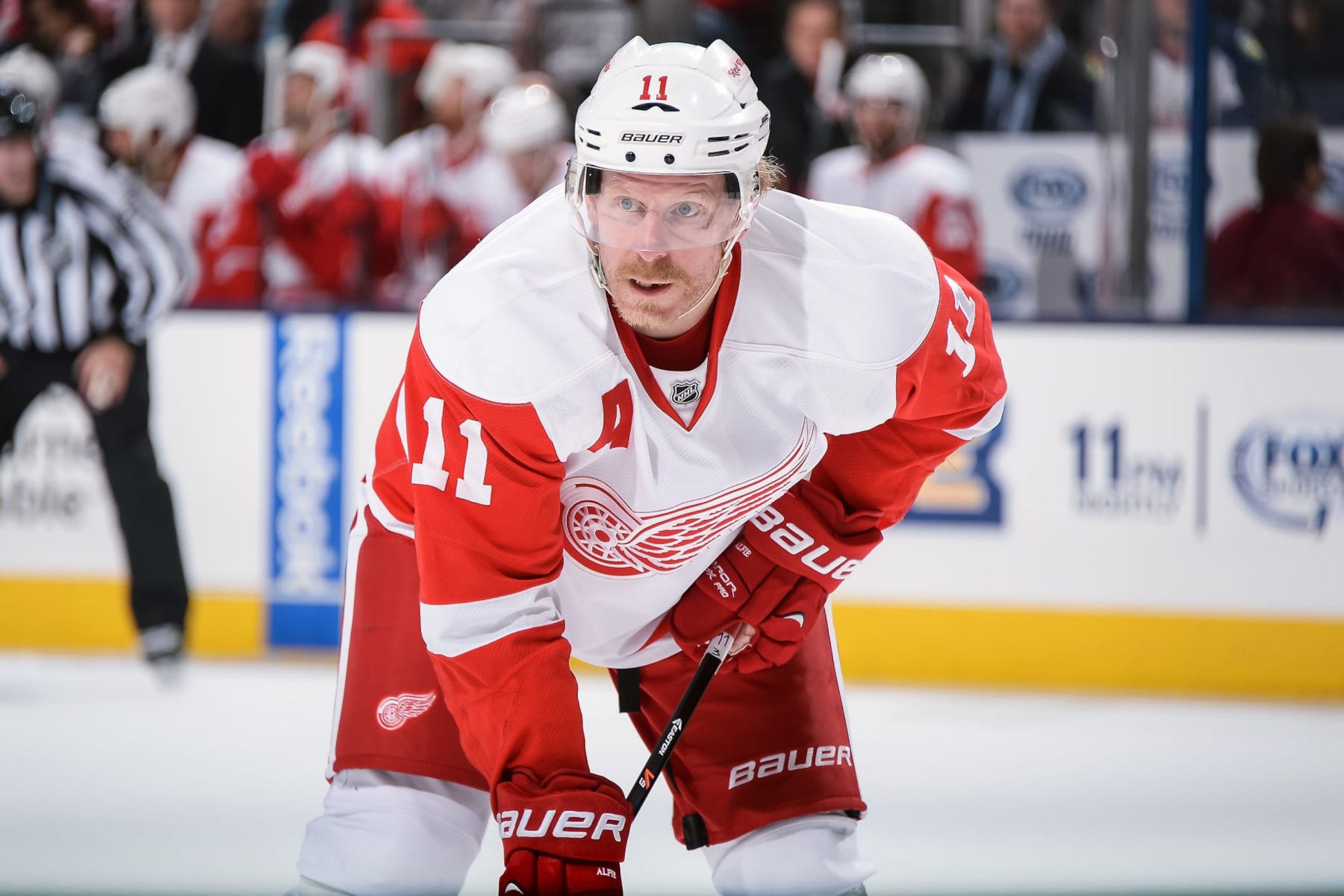 COLUMBUS, OH - MARCH 11:  Daniel Alfredsson #11 of the Detroit Red Wings skates against the Columbus Blue Jackets on March 11, 2014 at Nationwide Arena in Columbus, Ohio.  (Photo by Jamie Sabau/NHLI via Getty Images) 