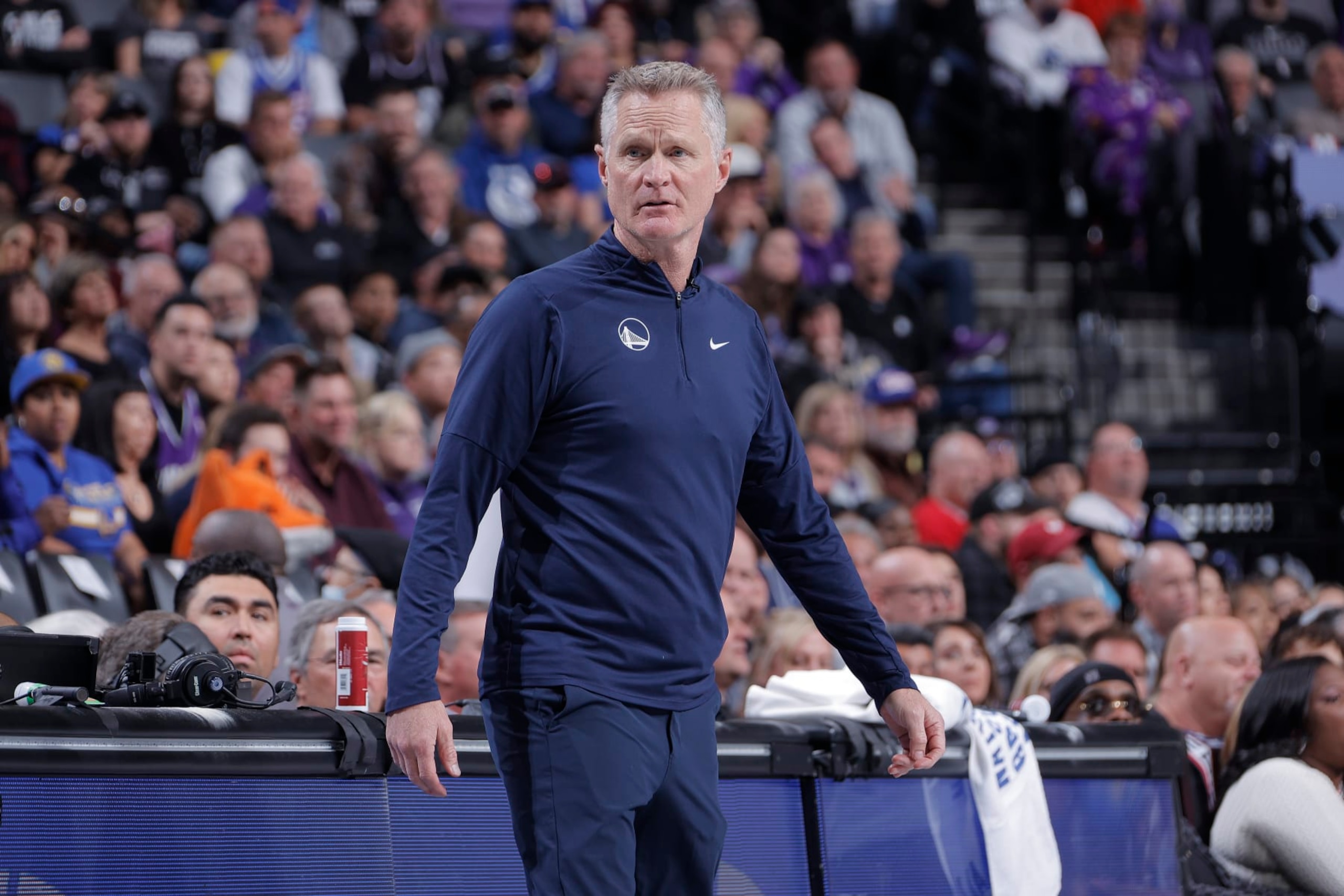 SACRAMENTO, CA - NOVEMBER 28: Head Coach Steve Kerr of the Golden State Warriors coaches during the game against the Sacramento Kings during the In-Season Tournament on November 28, 2023 at Golden 1 Center in Sacramento, California. NOTE TO USER: User expressly acknowledges and agrees that, by downloading and or using this photograph, User is consenting to the terms and conditions of the Getty Images Agreement. Mandatory Copyright Notice: Copyright 2023 NBAE (Photo by Rocky Widner/NBAE via Getty Images)