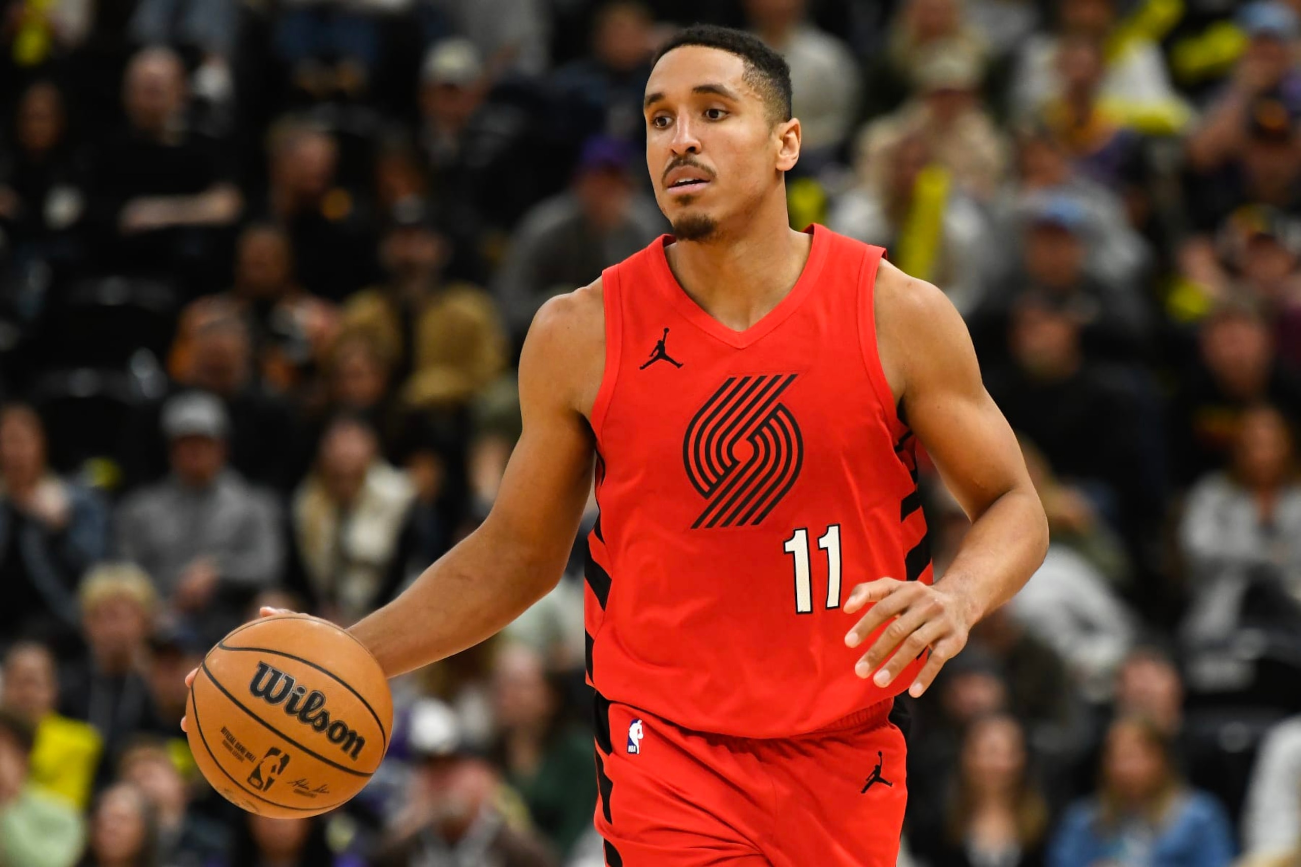 SALT LAKE CITY, UTAH - DECEMBER 02: Malcolm Brogdon #11 of the Portland Trail Blazers in action during the second half of a game against the Utah Jazz at Delta Center on December 02, 2023 in Salt Lake City, Utah. NOTE TO USER: User expressly acknowledges and agrees that, by downloading and or using this photograph, User is consenting to the terms and conditions of the Getty Images License Agreement. (Photo by Alex Goodlett/Getty Images)