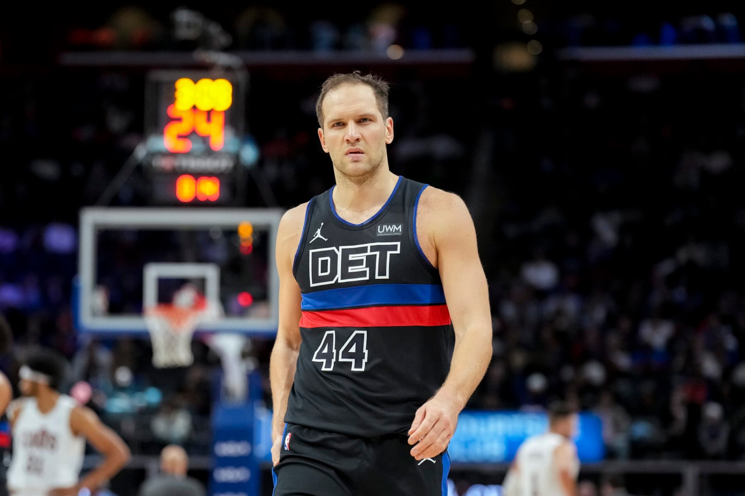 DETROIT, MICHIGAN - DECEMBER 02: Bojan Bogdanovic #44 of the Detroit Pistons looks on against the Cleveland Cavaliers at Little Caesars Arena on December 02, 2023 in Detroit, Michigan. NOTE TO USER: User expressly acknowledges and agrees that, by downloading and or using this photograph, User is consenting to the terms and conditions of the Getty Images License Agreement. (Photo by Nic Antaya/Getty Images)