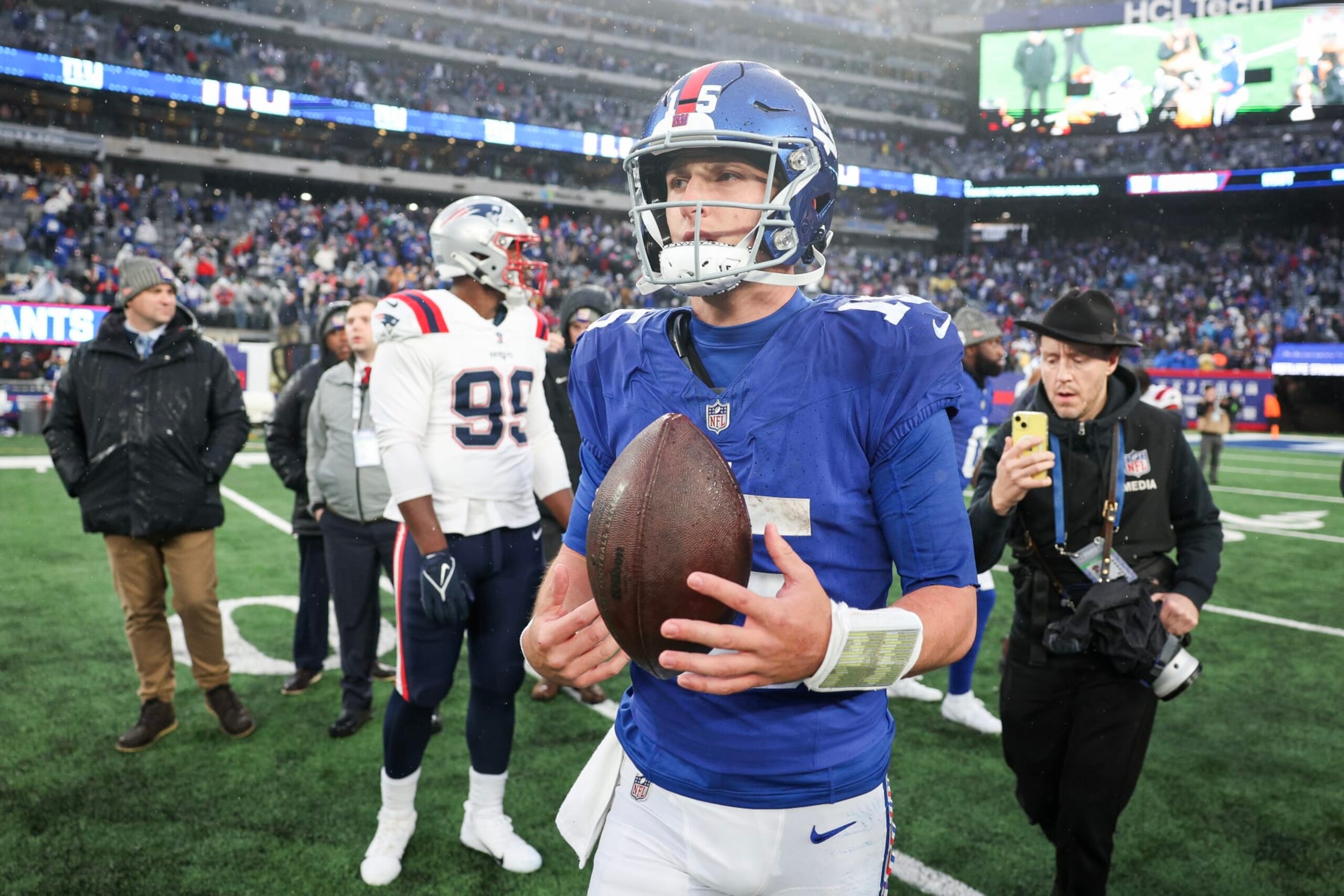 EAST RUTHERFORD, NEW JERSEY - NOVEMBER 26: Tommy DeVito #15 of the New York Giants looks on after his team's 10-7 win against the New England Patriots at MetLife Stadium on November 26, 2023 in East Rutherford, New Jersey. (Photo by Elsa/Getty Images)