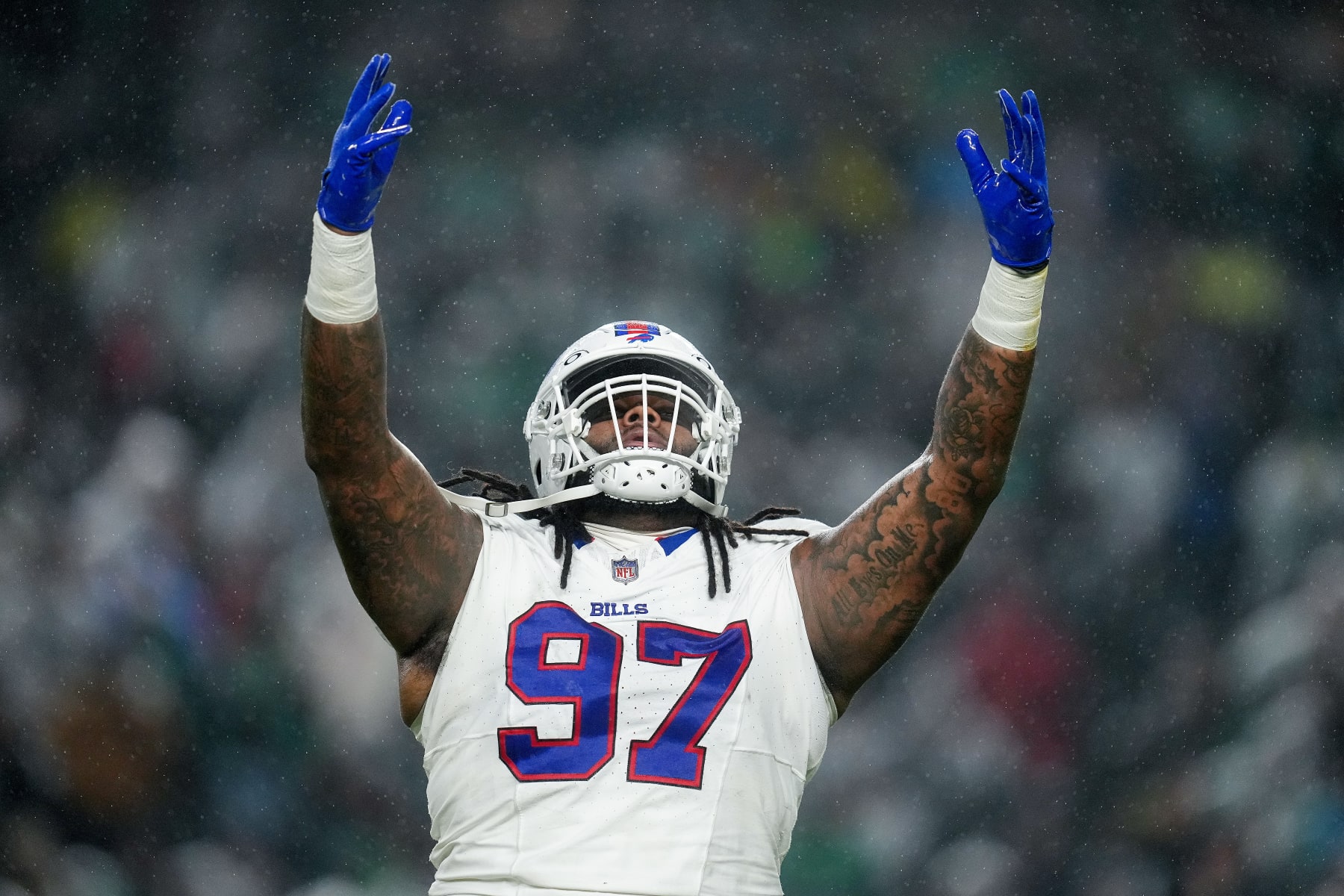PHILADELPHIA, PENNSYLVANIA - NOVEMBER 26: Jordan Phillips #97 of the Buffalo Bills reacts after a play during the third quarter against the Philadelphia Eagles at Lincoln Financial Field on November 26, 2023 in Philadelphia, Pennsylvania. (Photo by Mitchell Leff/Getty Images)