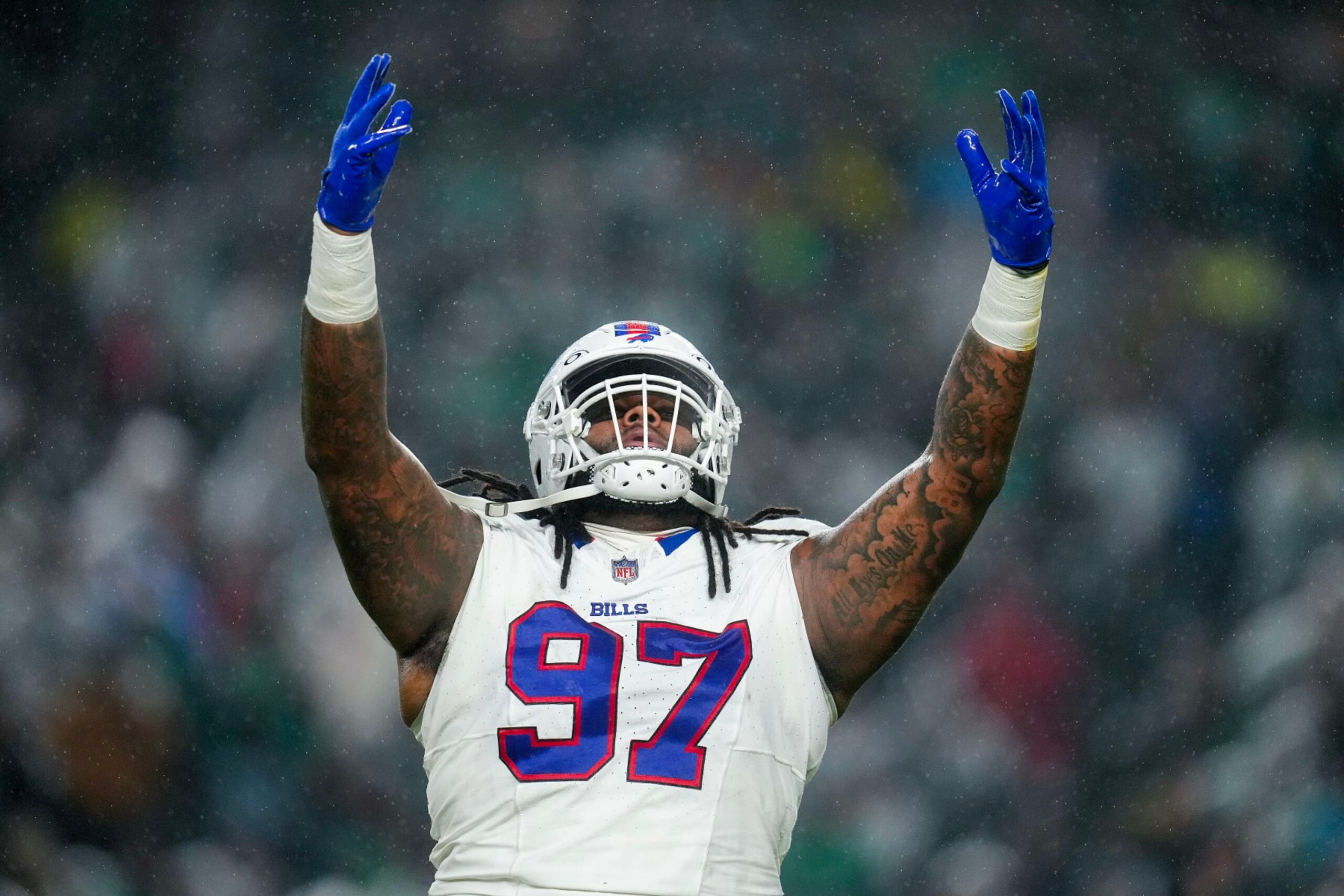 PHILADELPHIA, PENNSYLVANIA - NOVEMBER 26: Jordan Phillips #97 of the Buffalo Bills reacts after a play during the third quarter against the Philadelphia Eagles at Lincoln Financial Field on November 26, 2023 in Philadelphia, Pennsylvania. (Photo by Mitchell Leff/Getty Images)