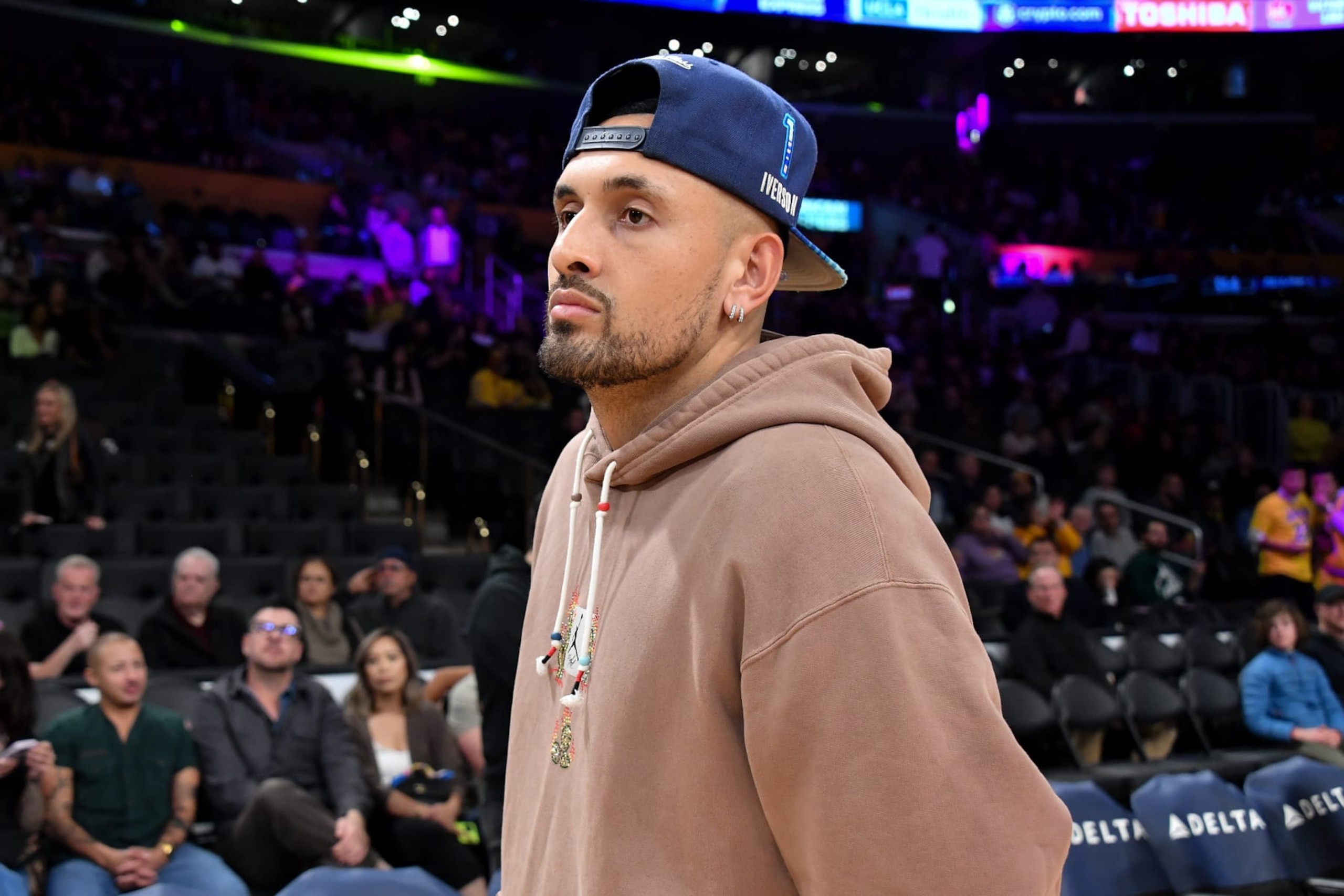 LOS ANGELES, CALIFORNIA - DECEMBER 02: Nick Kyrgios attends a basketball game between the Los Angeles Lakers and the Houston Rockets at Crypto.com Arena on December 02, 2023 in Los Angeles, California. NOTE TO USER: User expressly acknowledges and agrees that, by downloading and or using this photograph, User is consenting to the terms and conditions of the Getty Images License Agreement. (Photo by Allen Berezovsky/Getty Images)