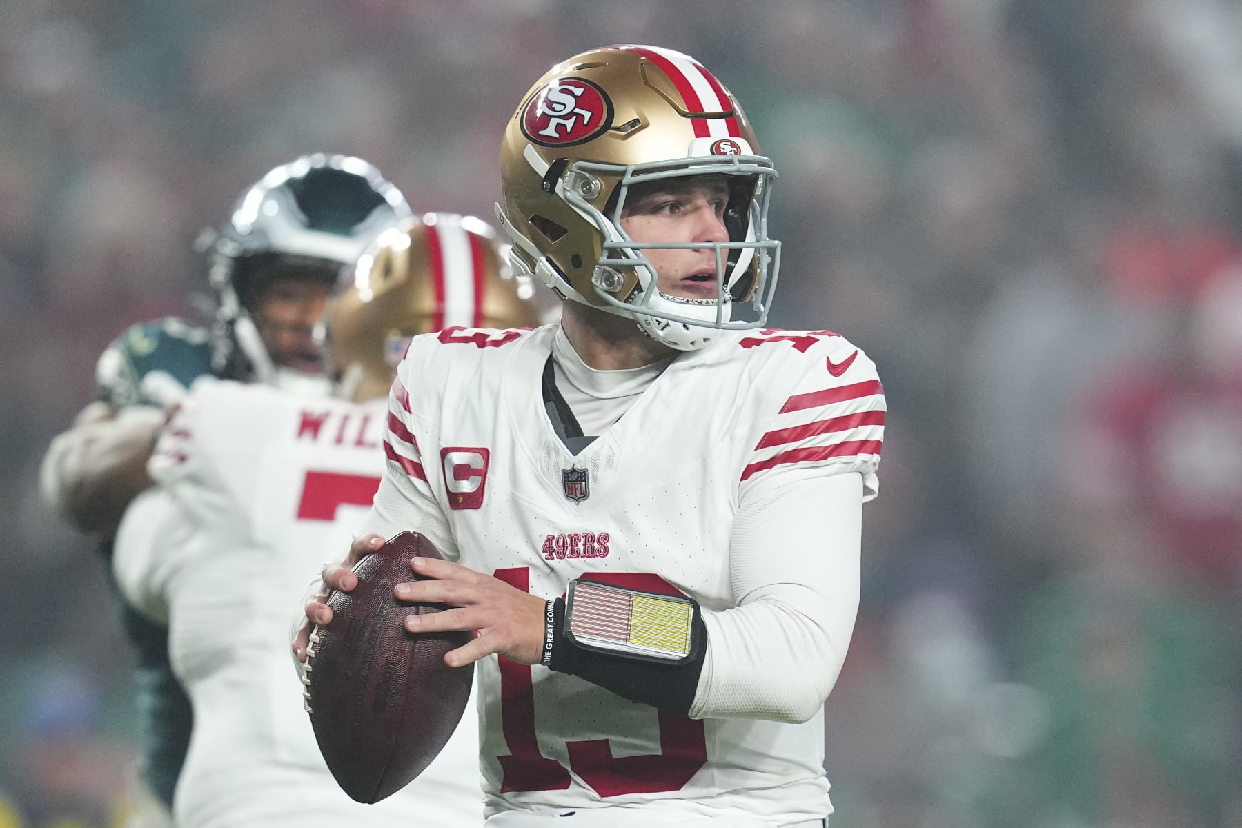 PHILADELPHIA, PENNSYLVANIA - DECEMBER 3: Brock Purdy #13 of the San Francisco 49ers passes the ball against the Philadelphia Eagles at Lincoln Financial Field on December 3, 2023 in Philadelphia, Pennsylvania. (Photo by Mitchell Leff/Getty Images) PHILADELPHIA, PENNSYLVANIA - DECEMBER 3: Brock Purdy #13 of the San Francisco 49ers passes the ball against the Philadelphia Eagles at Lincoln Financial Field on December 3, 2023 in Philadelphia, Pennsylvania. (Photo by Mitchell Leff/Getty Images)
