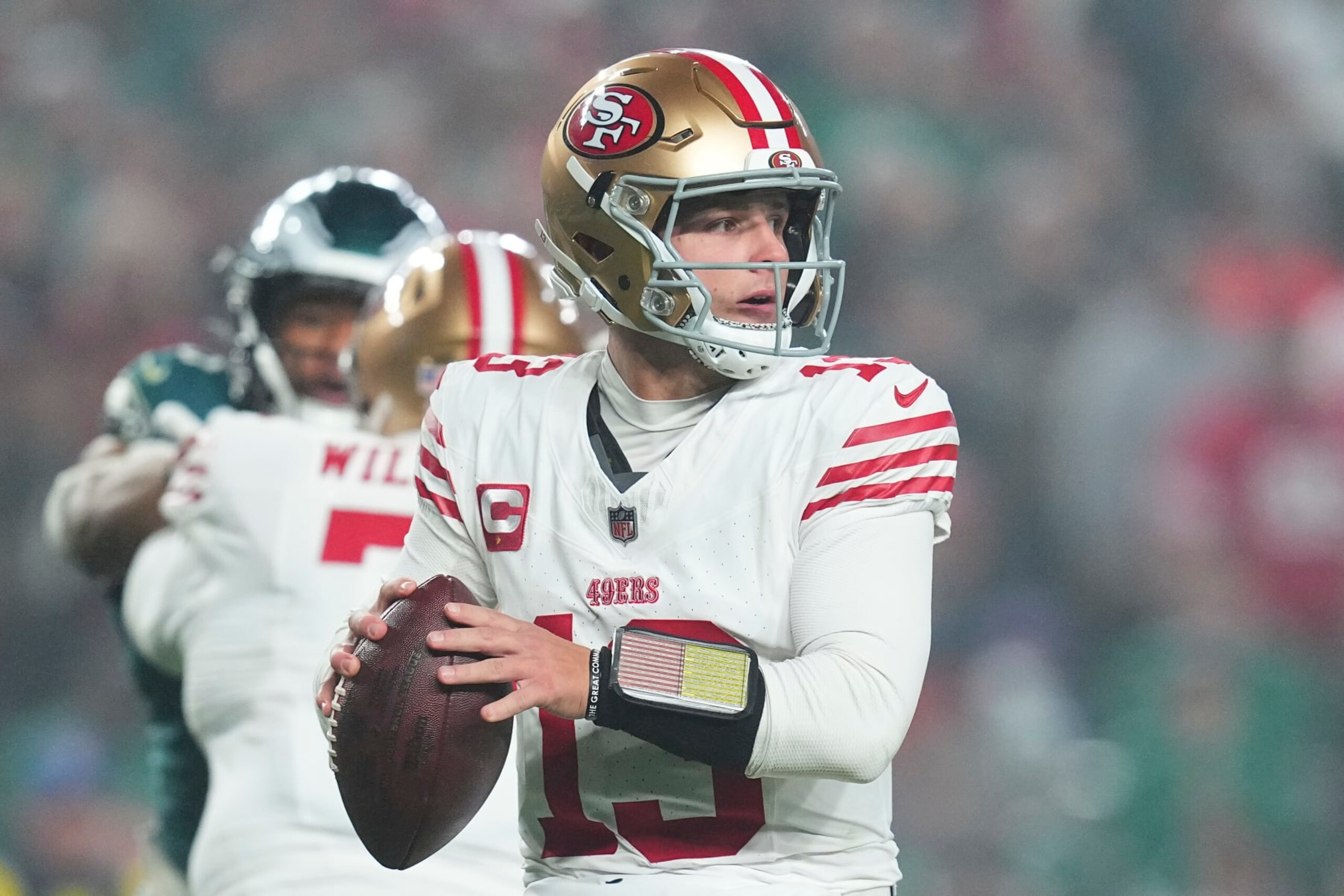 PHILADELPHIA, PENNSYLVANIA - DECEMBER 3: Brock Purdy #13 of the San Francisco 49ers passes the ball against the Philadelphia Eagles at Lincoln Financial Field on December 3, 2023 in Philadelphia, Pennsylvania. (Photo by Mitchell Leff/Getty Images) PHILADELPHIA, PENNSYLVANIA - DECEMBER 3: Brock Purdy #13 of the San Francisco 49ers passes the ball against the Philadelphia Eagles at Lincoln Financial Field on December 3, 2023 in Philadelphia, Pennsylvania. (Photo by Mitchell Leff/Getty Images)