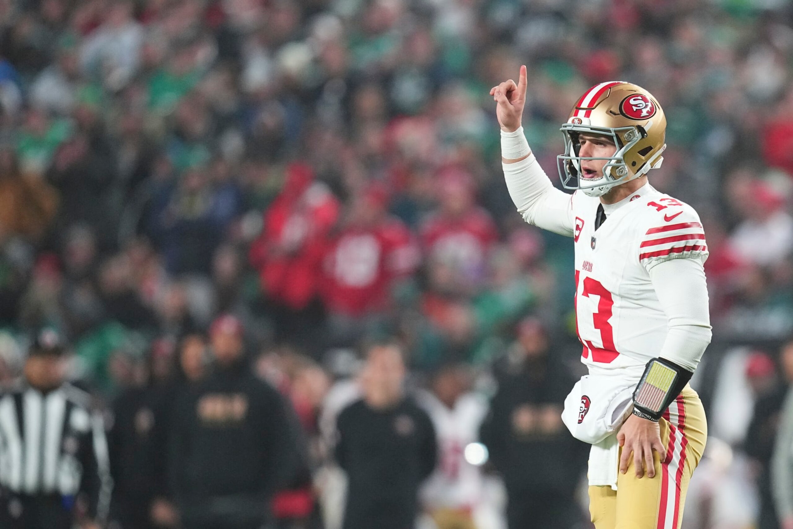 PHILADELPHIA, PENNSYLVANIA - DECEMBER 3: Brock Purdy #13 of the San Francisco 49ers signals against the Philadelphia Eagles at Lincoln Financial Field on December 3, 2023 in Philadelphia, Pennsylvania. (Photo by Mitchell Leff/Getty Images) PHILADELPHIA, PENNSYLVANIA - DECEMBER 3: Brock Purdy #13 of the San Francisco 49ers signals against the Philadelphia Eagles at Lincoln Financial Field on December 3, 2023 in Philadelphia, Pennsylvania. (Photo by Mitchell Leff/Getty Images)