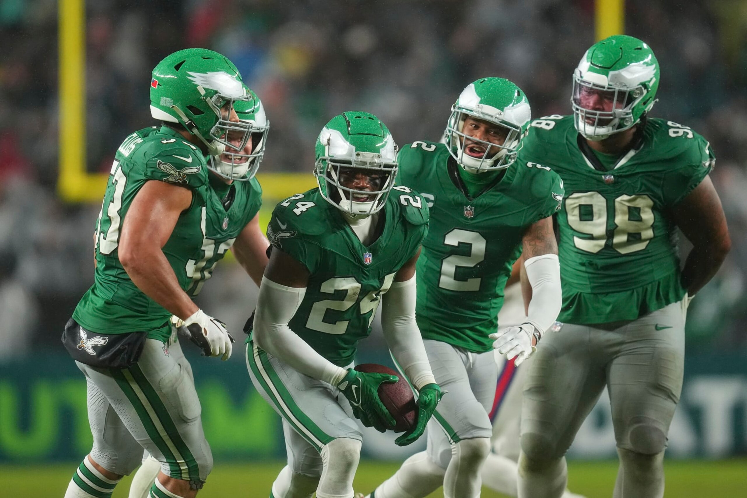 PHILADELPHIA, PENNSYLVANIA - NOVEMBER 26: James Bradberry #24, Christian Elliss #53, Darius Slay #2, and Jalen Carter #98 of the Philadelphia Eagles react against the Buffalo Bills at Lincoln Financial Field on November 26, 2023 in Philadelphia, Pennsylvania. (Photo by Mitchell Leff/Getty Images) PHILADELPHIA, PENNSYLVANIA - NOVEMBER 26: James Bradberry #24, Christian Elliss #53, Darius Slay #2, and Jalen Carter #98 of the Philadelphia Eagles react against the Buffalo Bills at Lincoln Financial Field on November 26, 2023 in Philadelphia, Pennsylvania. (Photo by Mitchell Leff/Getty Images)
