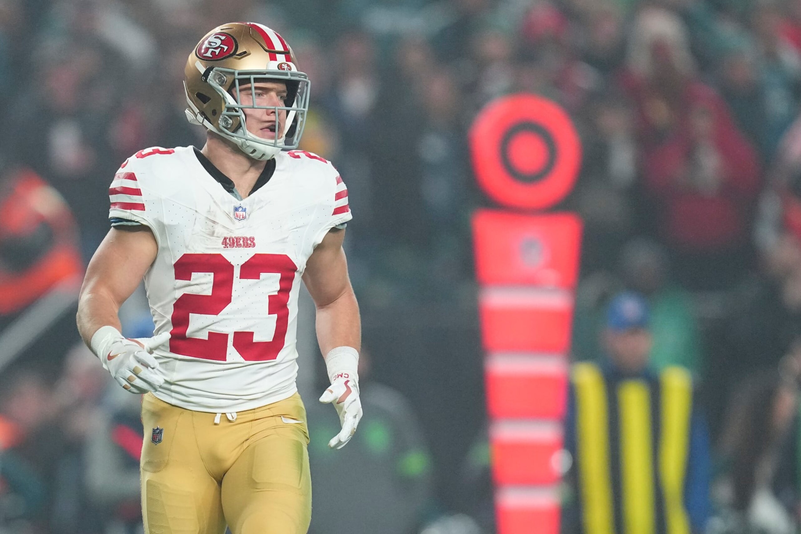 PHILADELPHIA, PENNSYLVANIA - DECEMBER 3: Christian McCaffrey #23 of the San Francisco 49ers in action against the Philadelphia Eagles at Lincoln Financial Field on December 3, 2023 in Philadelphia, Pennsylvania. (Photo by Mitchell Leff/Getty Images)