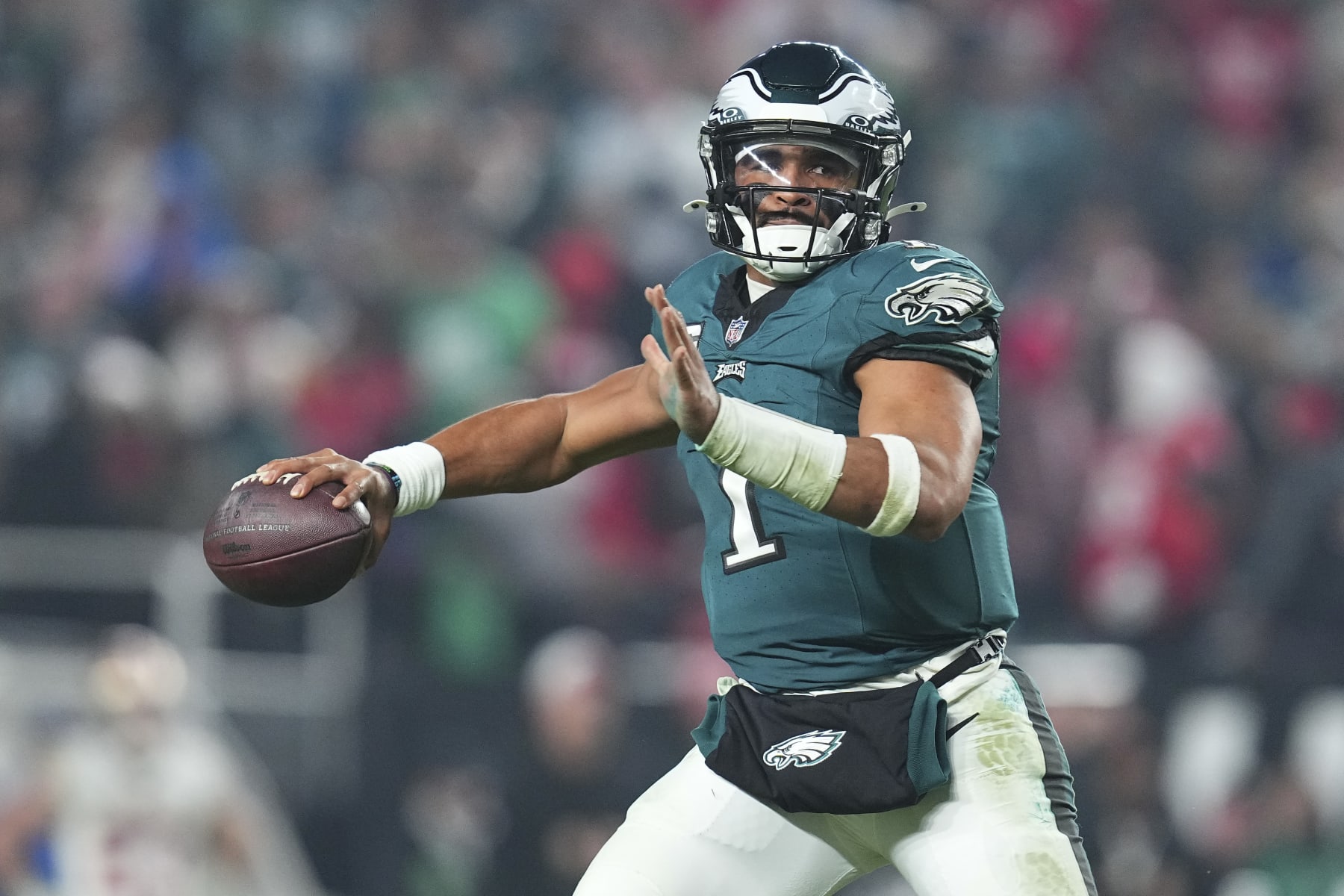 PHILADELPHIA, PENNSYLVANIA - DECEMBER 3: Jalen Hurts #1 of the Philadelphia Eagles passes the ball against the San Francisco 49ers at Lincoln Financial Field on December 3, 2023 in Philadelphia, Pennsylvania. (Photo by Mitchell Leff/Getty Images)
