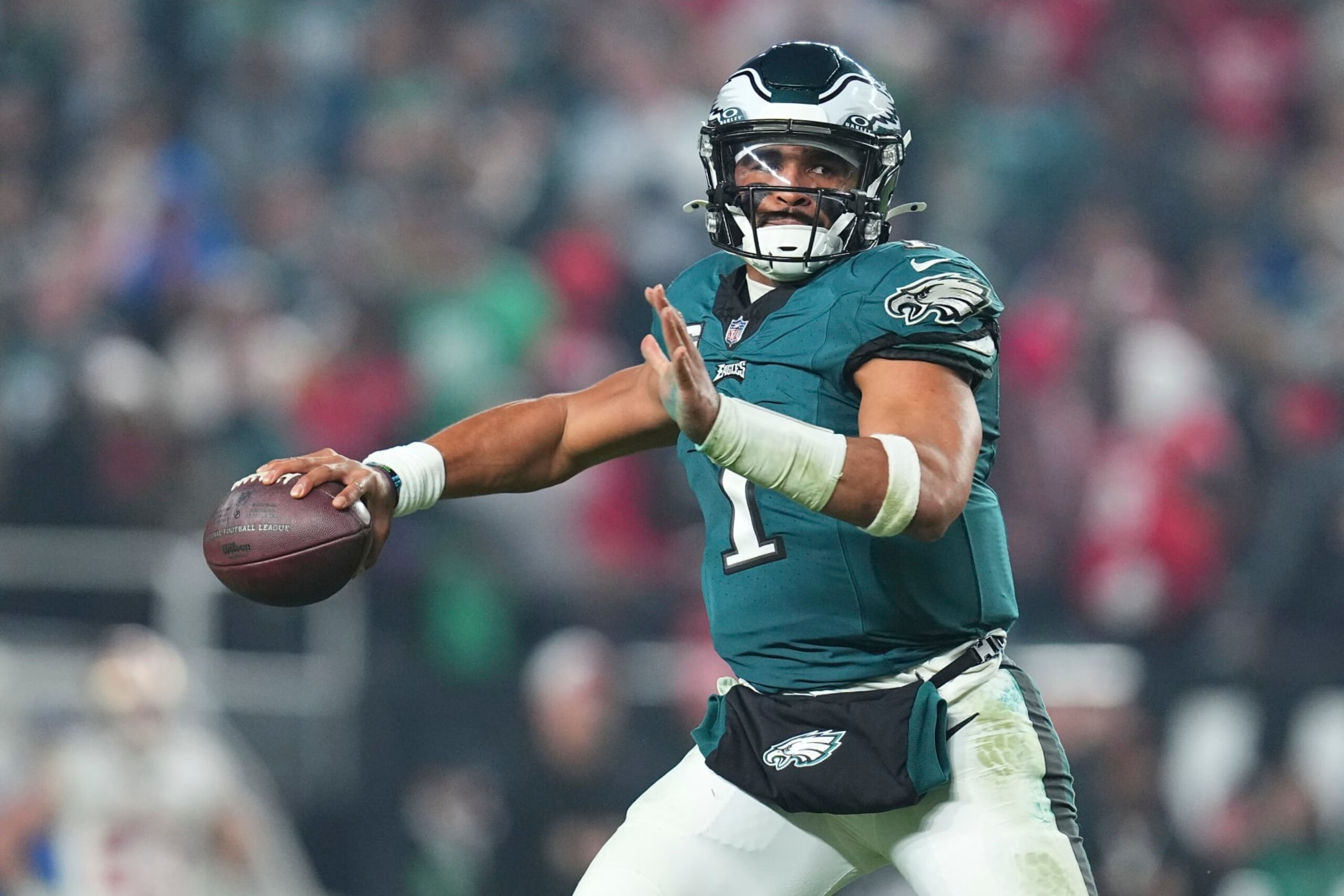 PHILADELPHIA, PENNSYLVANIA - DECEMBER 3: Jalen Hurts #1 of the Philadelphia Eagles passes the ball against the San Francisco 49ers at Lincoln Financial Field on December 3, 2023 in Philadelphia, Pennsylvania. (Photo by Mitchell Leff/Getty Images)